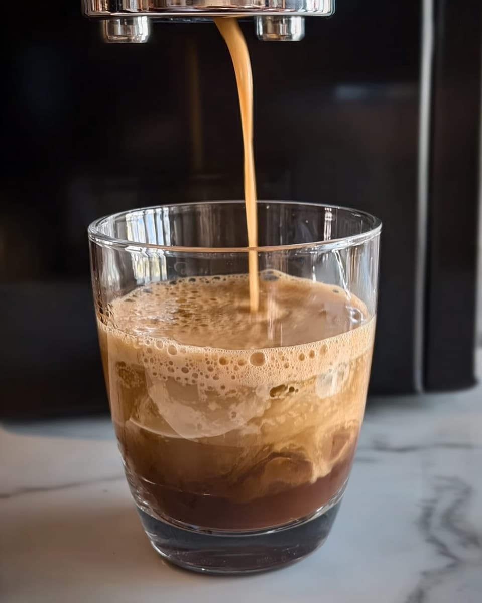 A clear glass cup with two layers is filled halfway, with the darker brown layer at the bottom and a lighter brown, creamy layer on top. The lighter brown liquid is being poured slowly from a container into the glass, creating small bubbles on the surface. The scene is set on a white marbled surface with a black coffee machine in the background. photo taken with an iphone --ar 4:5 --v 7