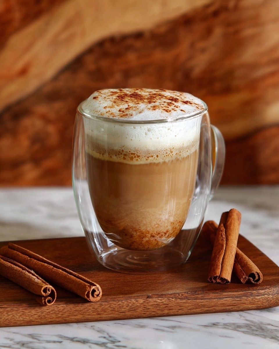 A clear glass filled with a drink that has three visible layers: a bottom light brown layer, a thick middle creamy white layer, and a top layer of frothy foam sprinkled with brown powder. A single whole cinnamon stick rests diagonally on top of the foam. The glass is placed on a white marbled surface with a warm wooden background seen in soft focus. photo taken with an iphone --ar 4:5 --v 7