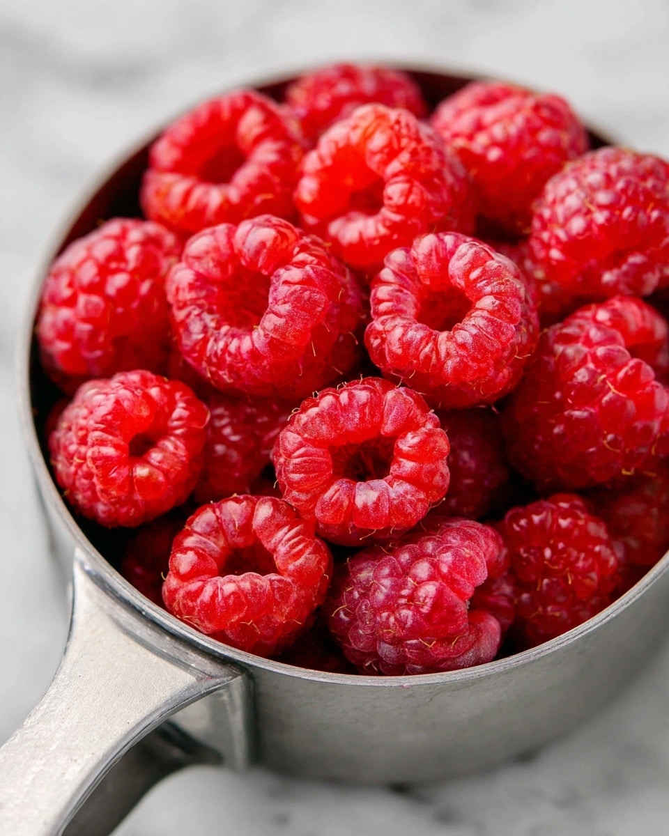The image shows a close-up of a metal measuring cup filled fully with fresh, bright red raspberries. The raspberries are plump and shiny, with detailed textures of drupelets visible. The metal measuring cup has a matte finish and is set on a white marbled surface. The focus is sharp on the raspberries in the center, showing their natural juicy look photo taken with an iphone --ar 4:5 --v 7