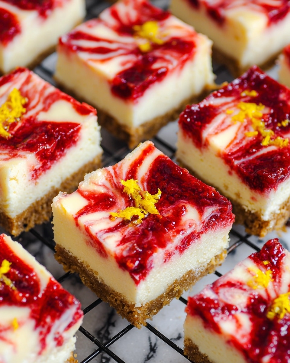 The image shows several square cheesecake bars arranged closely on a black wire rack, each having three visible layers. The bottom layer is a light brown crumbly crust, the middle layer is a thick, creamy white cheesecake filling, and the top layer is a swirl of bright red raspberry sauce mixed with the white cheesecake. Small bright yellow lemon zest pieces are scattered on top of each bar, adding a touch of color and texture. The background is a white marbled texture. photo taken with an iphone --ar 4:5 --v 7