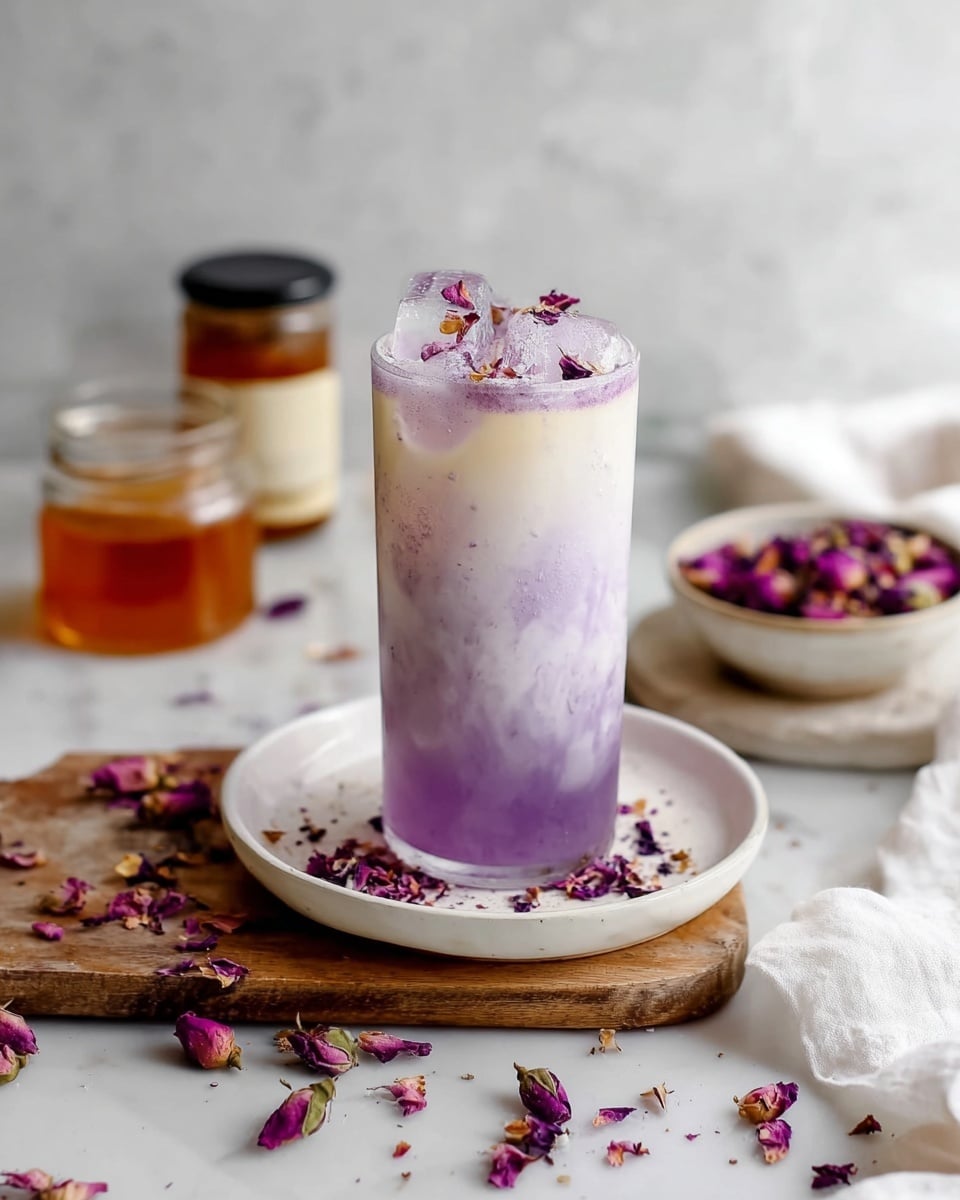 A tall clear glass sits in the center on a white plate which lies on a wooden board. The drink inside has two visible layers: the bottom layer is a lavender purple glowing softly, fading into a creamy white color above it. On top, there are several small ice cubes with light foam, sprinkled with purple powder and tiny dark rose petals. Around the plate and glass are scattered dried rose petals and purple powder. In the blurred background on a white marbled surface, there is a small amber jar with a black lid, a shallow white bowl filled with dried rose petals, and a glass container lying on its side on a small white dish with more rose petals. A white cloth is draped casually on the corner of the surface. photo taken with an iphone --ar 4:5 --v 7