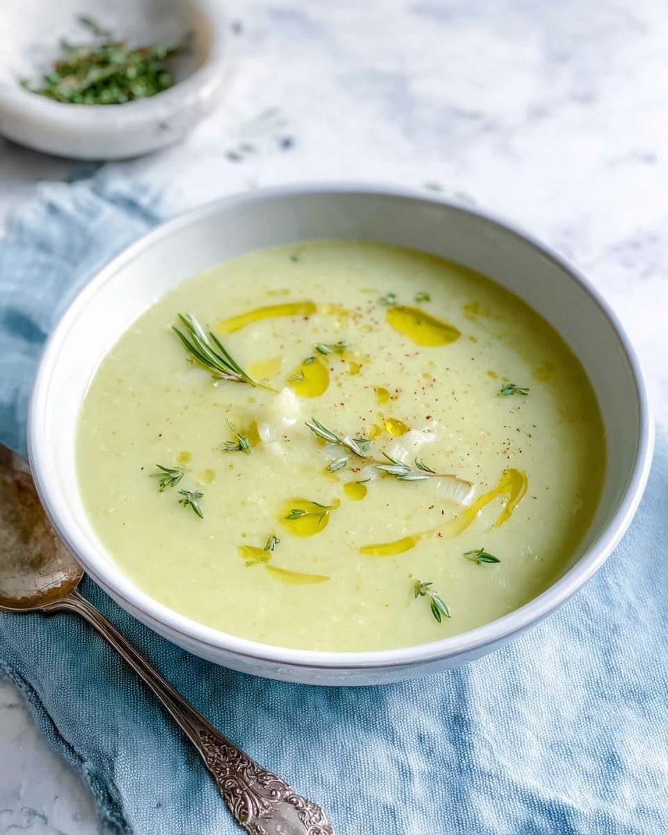 A white bowl filled with thick pale green soup, with small chunks visible inside. On top, there is a drizzle of golden olive oil and small green herb sprigs scattered around. The bowl sits on a light blue cloth, with a silver ornate spoon positioned on the edge of the cloth. In the background, there is a small white marble bowl with more herbs. The surface is white marbled texture. Photo taken with an iphone --ar 4:5 --v 7