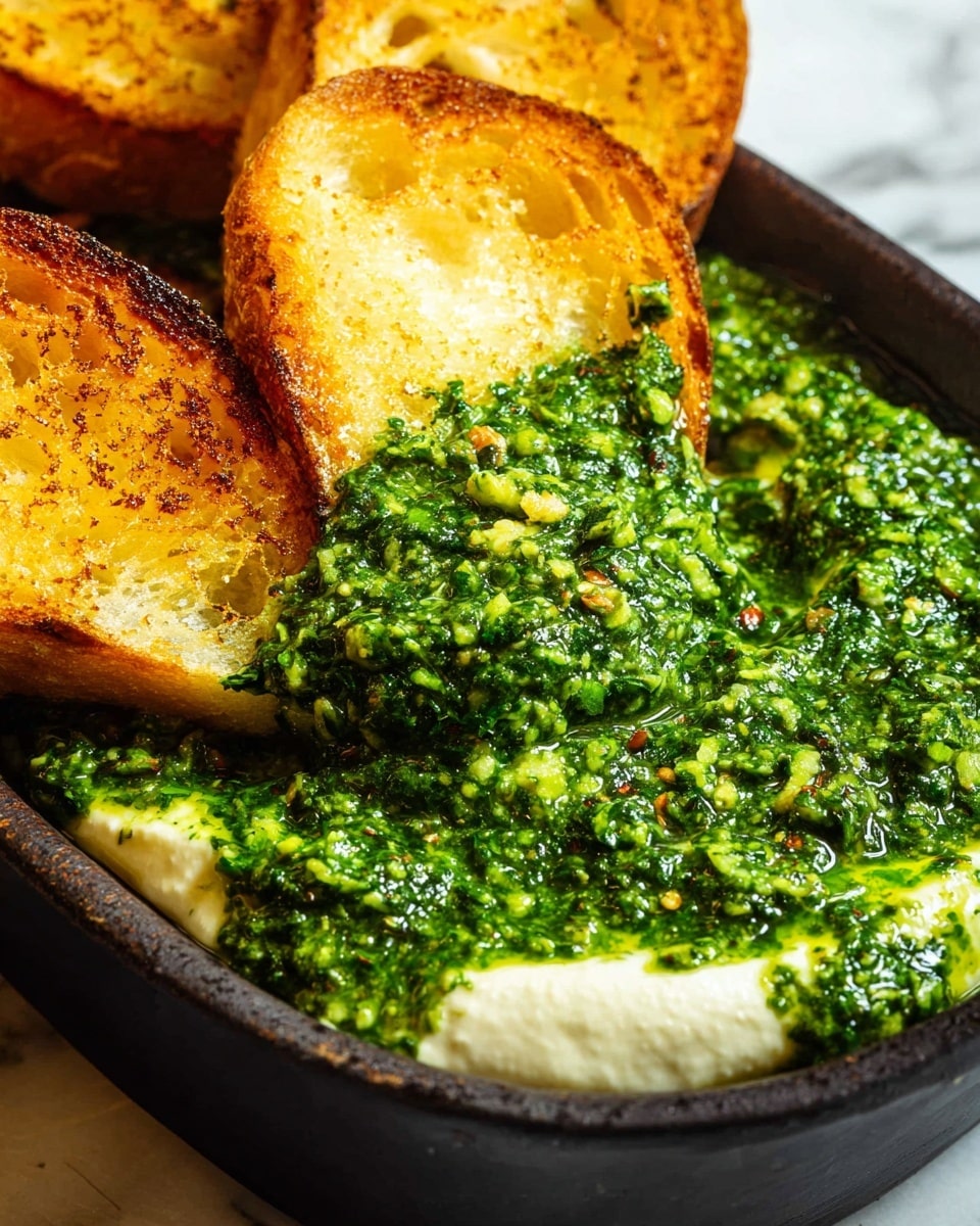 The image shows a close-up of a dark bowl filled with two main layers. The bottom layer is creamy white with a smooth texture, appearing soft and rich. On top is a thick layer of bright green pesto, chunky with small pieces of herbs and garlic, giving a fresh and vibrant look. Four golden toasted bread slices, one dipped into the pesto and creamy base, lean against the bowl's edge, showing a crunchy texture with detailed browning. The background is a white marbled surface. Photo taken with an iphone --ar 4:5 --v 7