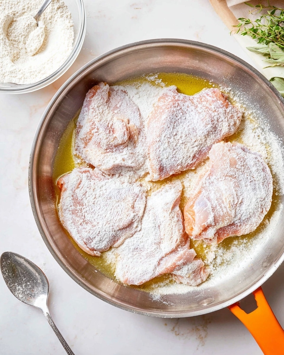 Inside a silver frying pan, there are four raw chicken pieces covered in a light layer of white flour. The chicken pieces show a pale pink color beneath the flour, with some areas where the flour coating looks thin. The pan holds a small amount of yellow cooking oil around the chicken. Near the frying pan, a white bowl contains more flour and a silver spoon rests inside it. The whole setup is on a white marbled surface with some green herbs and an orange utensil partially visible in the background. photo taken with an iphone --ar 4:5 --v 7