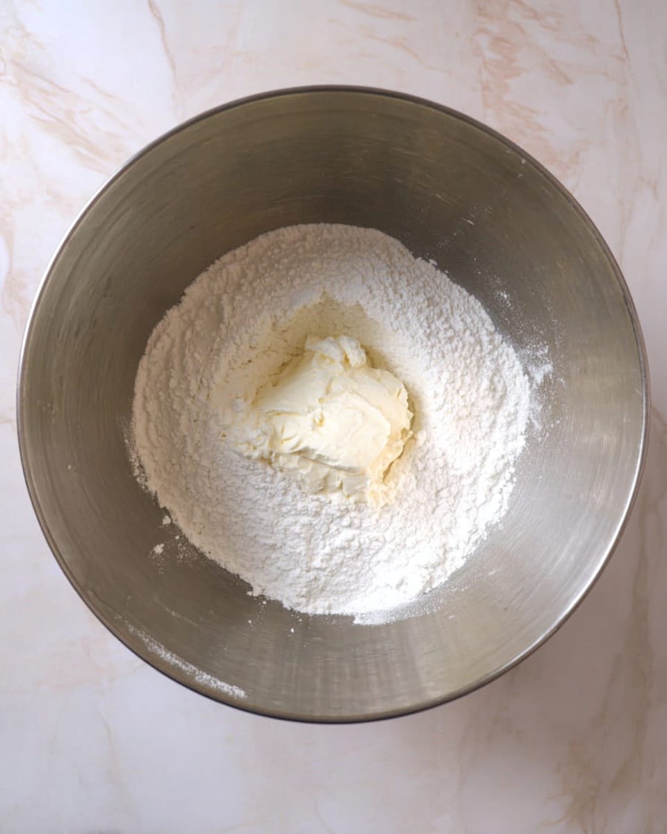A shiny metal mixing bowl viewed from above, containing two layers: the bottom layer is white powdered sugar spread evenly around the bowl, while the top layer is a thick, creamy white butter placed near the center. The bowl sits on a white marbled surface. Photo taken with an iphone --ar 4:5 --v 7