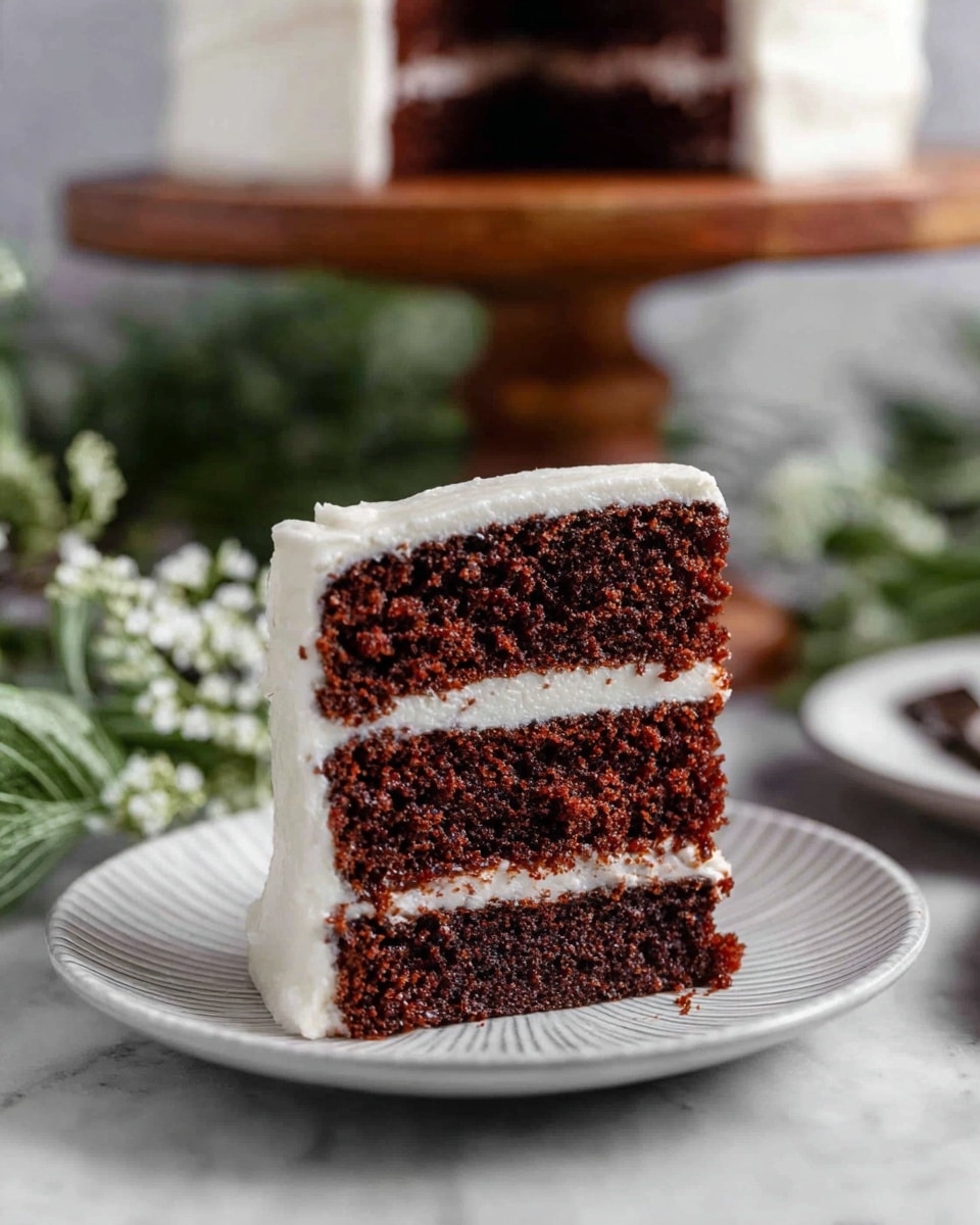 A slice of three-layer chocolate cake sits on a white plate with fine ridged edges, each layer of the cake dark brown with a moist texture. Between the cake layers and covering the outside is a smooth white cream frosting, creating a soft contrast. The whole cake, covered in the same white frosting, is visible in the blurred background on a wooden cake stand. The scene includes some green leaves and small white flowers on a white marbled surface. photo taken with an iphone --ar 4:5 --v 7