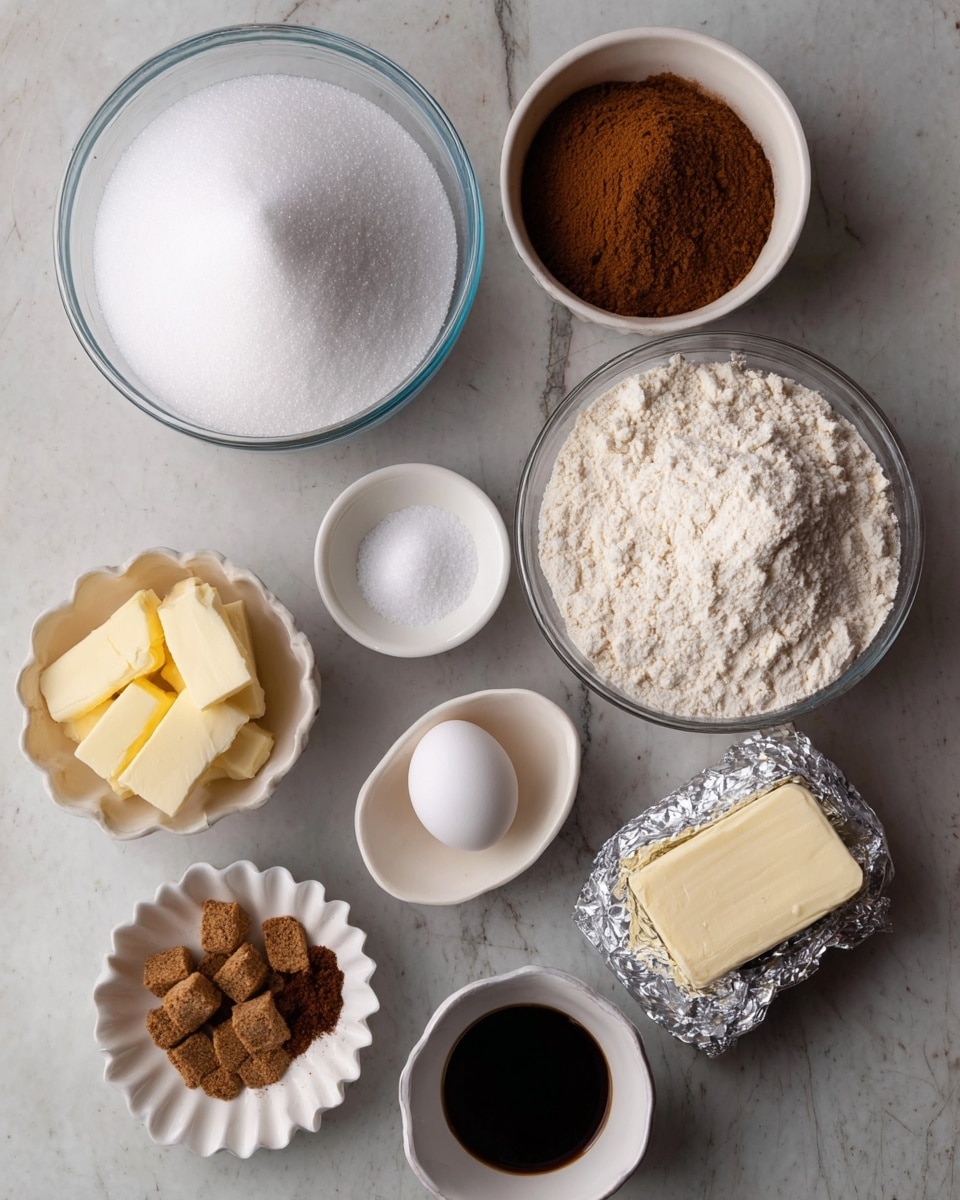 A top-down view of various baking ingredients arranged neatly on a white marbled surface, including a large clear glass bowl filled with white sugar at the top left, a white bowl with dark brown sugar at the middle left, a small white bowl containing white granulated salt below the brown sugar, and a small white scalloped bowl holding multiple brown spices and baking soda at the bottom left. In the center is a small white bowl with pale yellow butter cubes and next to it a single white egg. To the right, there is a dark bowl filled with white powdered sugar at the top right, a silver wrapped block of cream cheese below it, and a large clear glass bowl with flour and a small hollow in the middle at bottom right. A small white bowl with a very dark liquid stands near the bottom right corner. Photo taken with an iphone --ar 4:5 --v 7