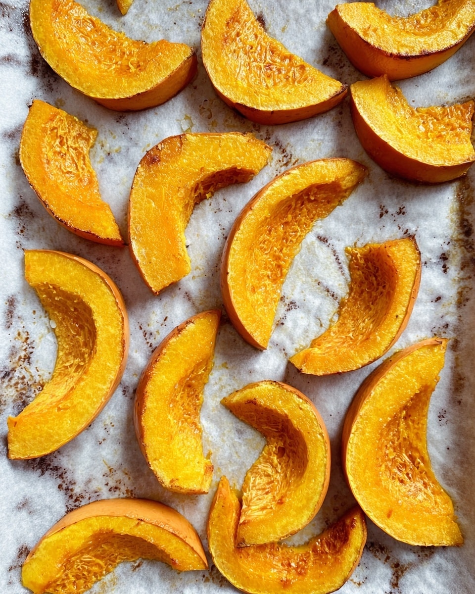 Many slices of roasted pumpkin are spread out evenly on a baking sheet covered with parchment paper. Each slice is a bright, warm orange color with slightly darker, caramelized edges and soft, smooth textures in the middle. The pumpkin skin around the edges has a light tan color, showing some browning from roasting. The background is a white marbled texture, adding a clean look to the scene. Photo taken with an iphone --ar 4:5 --v 7