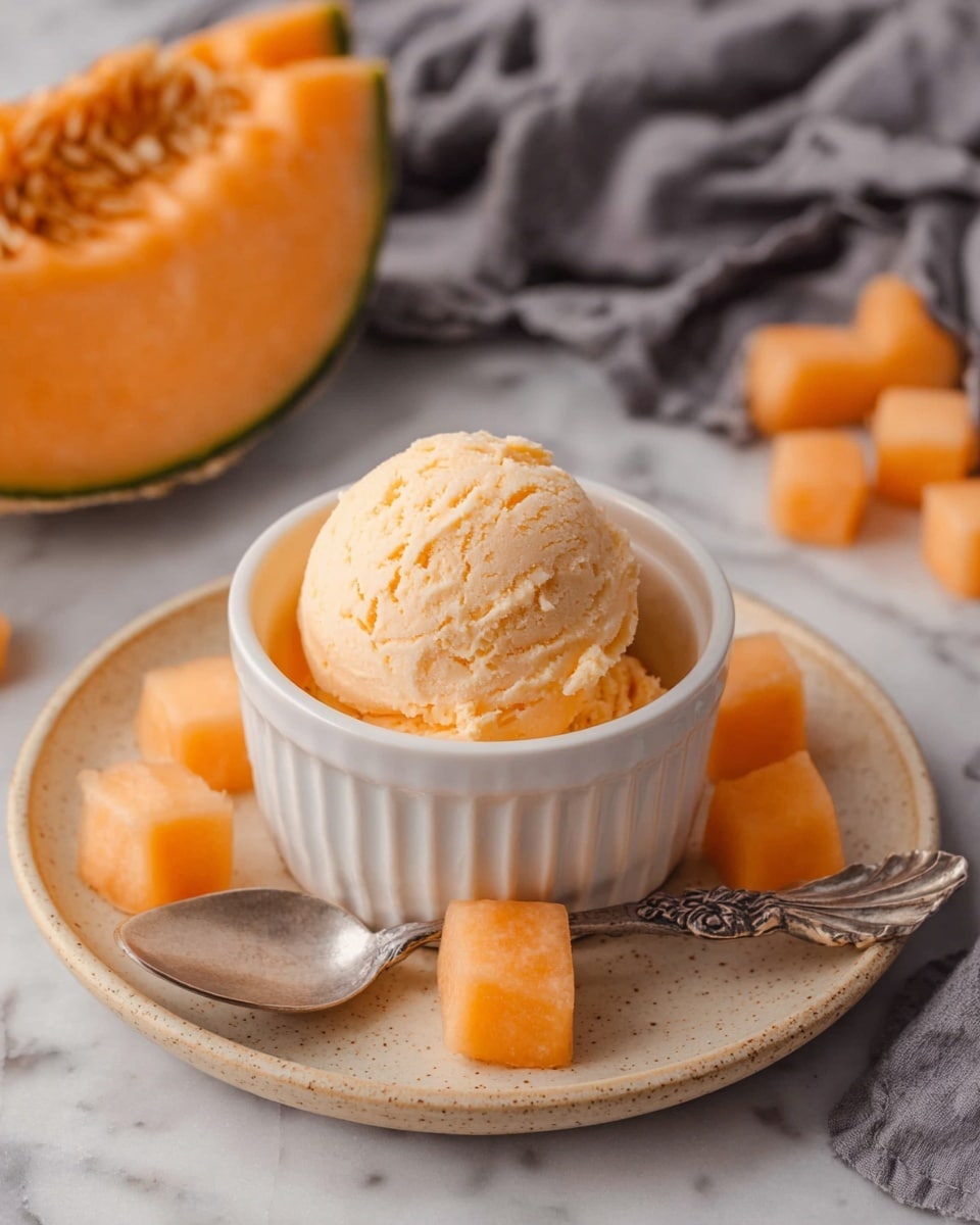 A single scoop of pale orange ice cream sits in a small white fluted bowl with a soft, creamy texture. The bowl is placed on a light beige plate with speckles, surrounded by several small bright orange cantaloupe melon cubes scattered on the plate. A silver spoon with a decorative shell-shaped handle lies next to the bowl on the plate. In the background, a gray cloth and more orange cantaloupe pieces are visible, all set on a white marbled surface. photo taken with an iphone --ar 4:5 --v 7