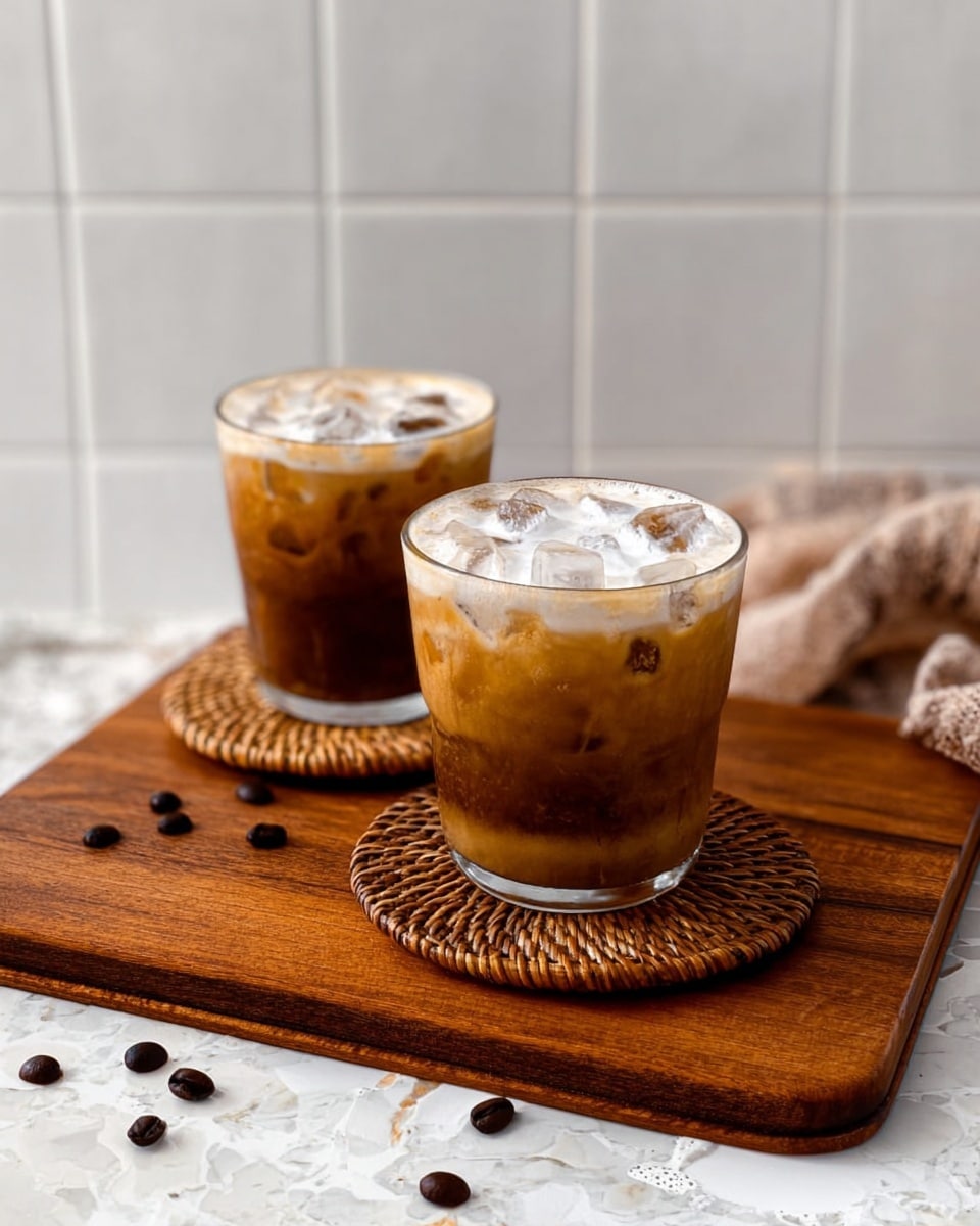 Two clear glasses of iced coffee sit on round woven coasters placed on a wooden board. Each glass shows ice cubes submerged in the coffee, with layers of dark brown coffee at the bottom blending into a lighter creamy brown near the top. A layer of white foam rests lightly on the surface of the drinks. Scattered around the board are a few dark roasted coffee beans. The whole scene is set on a white marbled surface with a tiled wall in the background. Photo taken with an iphone --ar 4:5 --v 7