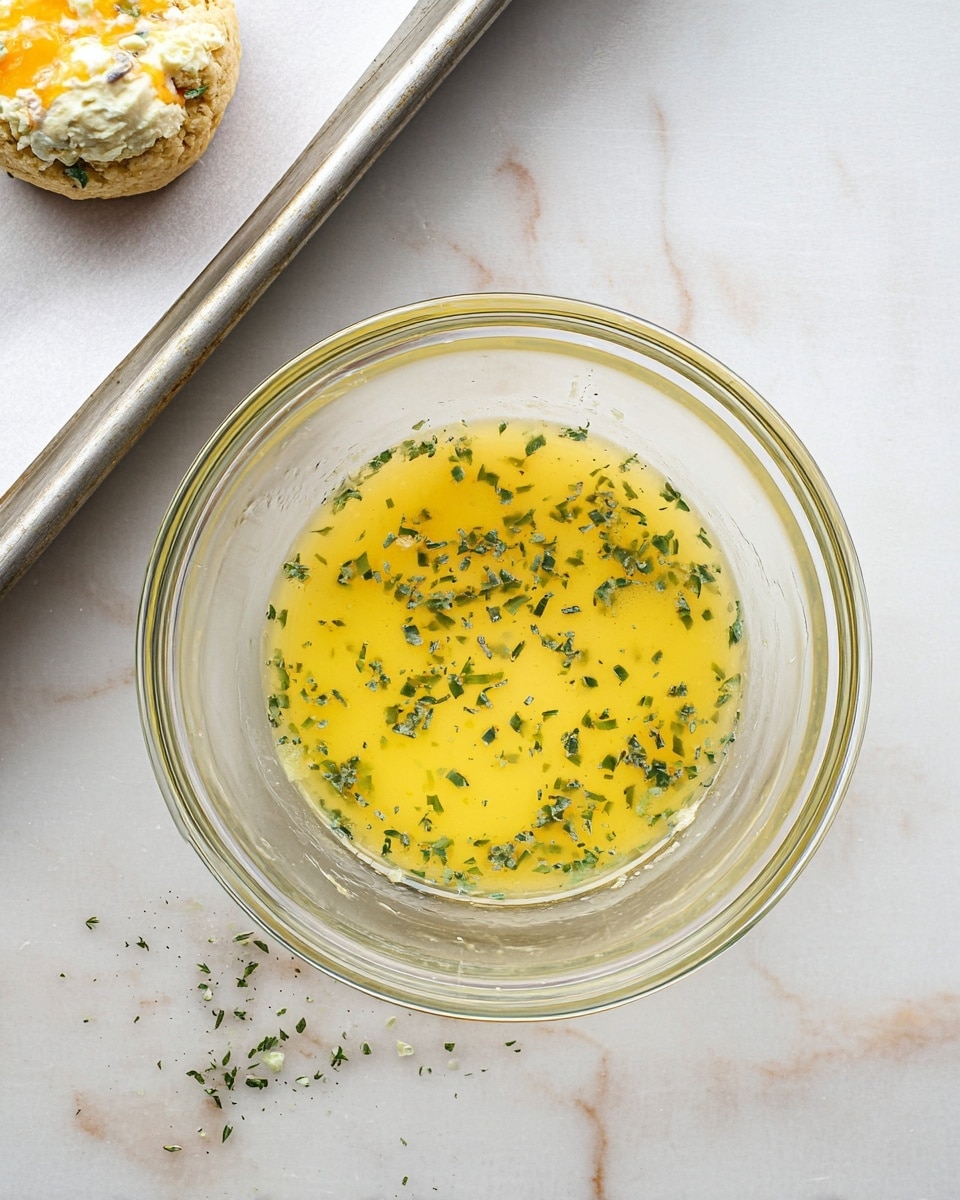 A clear glass bowl sits on a white marbled surface, filled with a yellow liquid mixture dotted with small green herb pieces evenly spread throughout. To the left, part of a silver baking tray with white parchment paper holds a small round biscuit topped with a creamy white and orange substance mixed with green herbs. A few tiny bits of green herbs are scattered near the bowl on the marbled surface. photo taken with an iphone --ar 4:5 --v 7