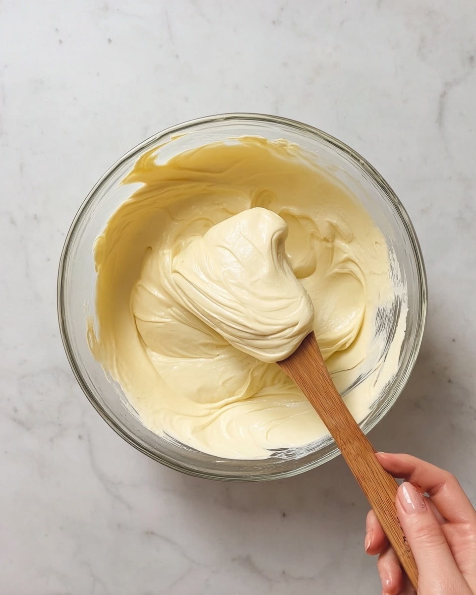 A clear glass bowl sits on a white marbled surface filled with a creamy, light yellow mixture that looks smooth and thick. A wooden spatula is partially lifted from the bowl, covered with the same creamy texture, showing soft, flowing folds of the mixture inside. A woman's hand gently holds the wooden spatula, adding a human touch to the image. The overall look is simple, clean, and fresh. photo taken with an iphone --ar 4:5 --v 7