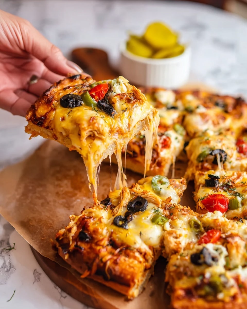 A woman's hand is lifting a slice of pizza from a wooden board with multiple pizza slices. The pizza has a thick golden-brown crust and is topped with melted yellow and white cheese that stretches in strings as the slice is lifted. Visible toppings include black olives, diced red tomatoes, green chili slices, and bits of seasoned chicken, all embedded in a layer of tomato sauce on the crust. The background shows slightly blurred yellow and red pickled peppers in a small white bowl on a white marbled surface. Photo taken with an iphone --ar 4:5 --v 7