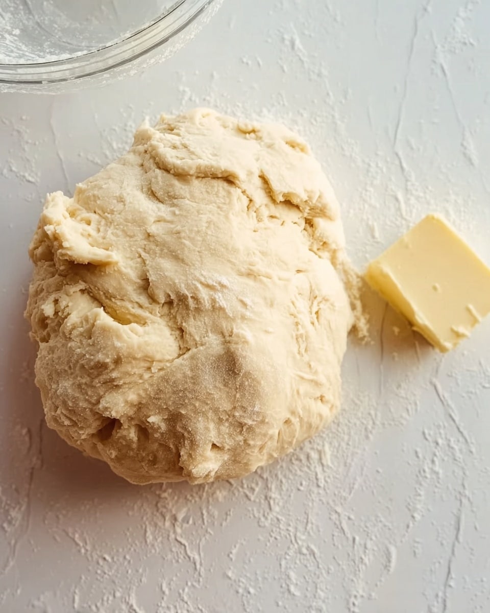 A large piece of light beige dough with a soft, uneven texture rests on a white marbled surface. On the right side, there is a small block of pale yellow butter placed next to the dough. The background shows a faint edge of a clear glass bowl at the top left corner. The scene is simple and clean, focusing on the main dough and butter with natural light highlighting their textures photo taken with an iphone --ar 4:5 --v 7