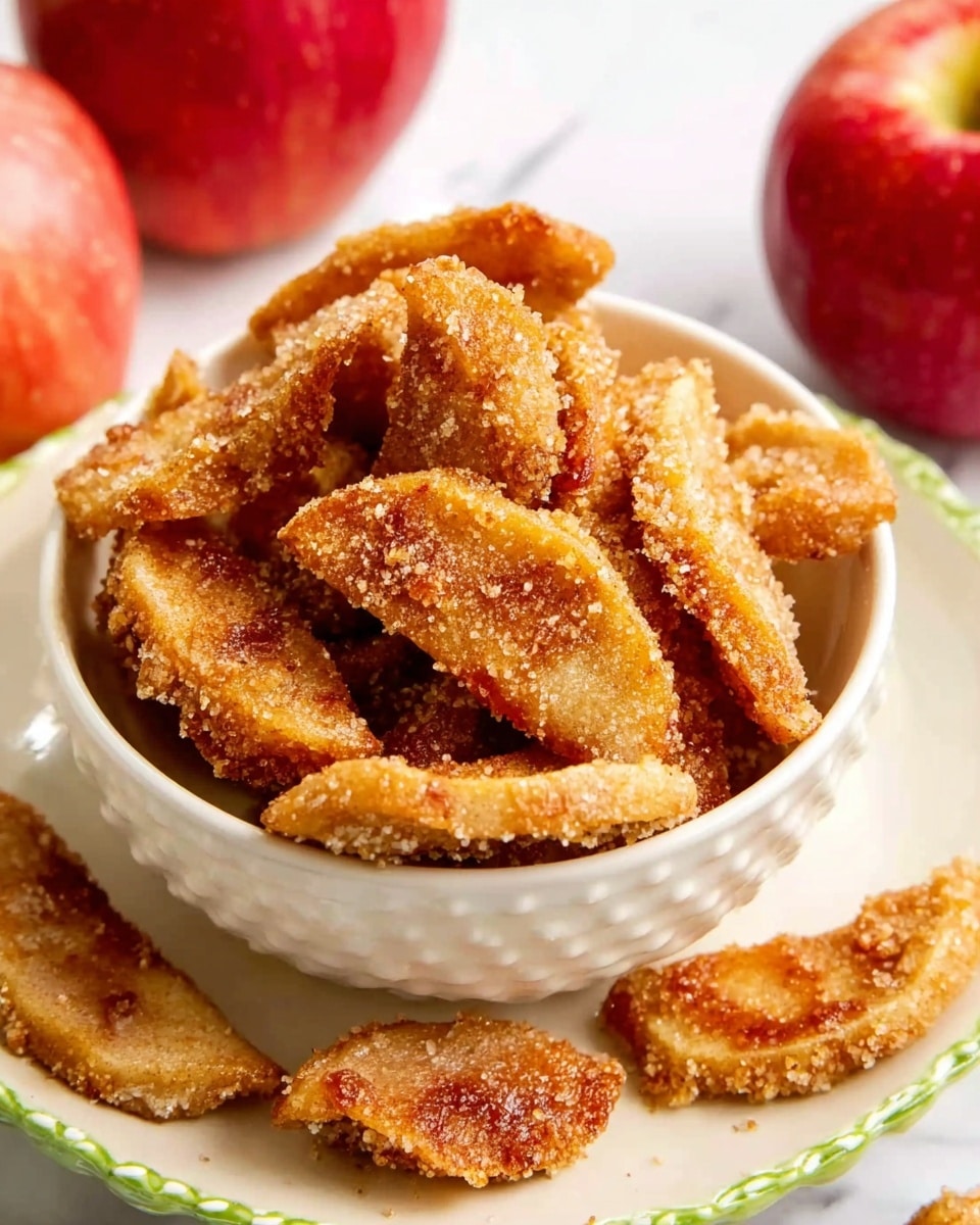 The image shows a white bowl with small raised dots filled with golden brown coated apple slices. The apple slices are covered in a crunchy, crumbly coating with some sugar sprinkled on top. Around the bowl, more coated apple slices rest on a white plate with a green detailed edge. In the background, there are whole red apples partially visible. The surface is a white marbled texture, and the warm colors make the dish look fresh and inviting. photo taken with an iphone --ar 4:5 --v 7