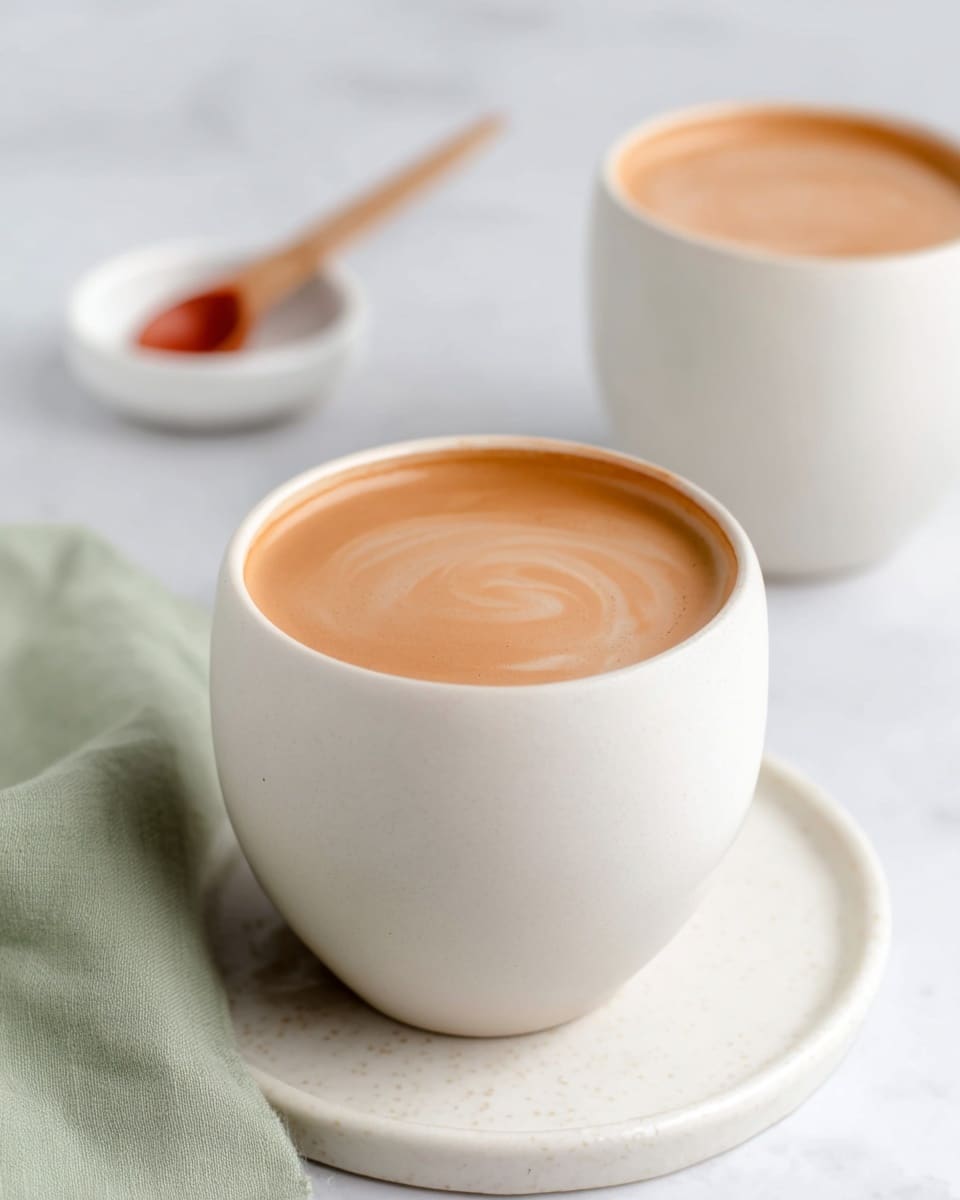 Two smooth, light brown creamy drinks sit in round white cups with a soft matte finish. The cup in front is filled to the brim with a silky liquid that has gentle swirl patterns on the surface, while the second cup is slightly blurred in the background. Both cups rest on a white plate with a subtle texture, which is placed on a white marbled surface. Behind the cups, there is a small white dish with a wooden spoon, adding a rustic touch. A light green cloth is softly draped on the corner of the scene. photo taken with an iphone --ar 4:5 --v 7
