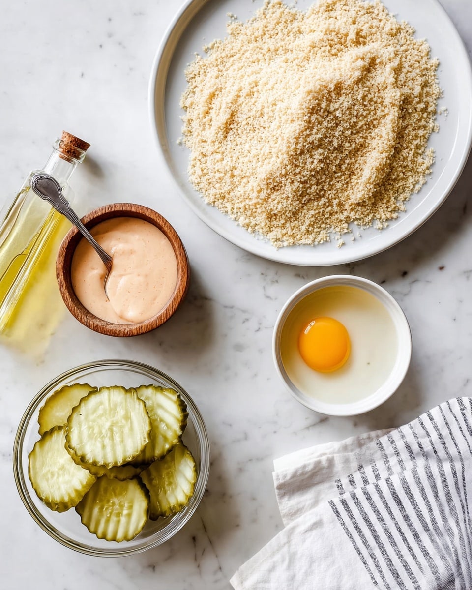 The image shows five separate containers laid out on a white marbled surface. On the top left, there is a white plate filled with a large pile of light beige breadcrumbs that have a slightly coarse texture. Next to it, on the right, there is a small white bowl holding a single raw egg yolk surrounded by clear egg white. Below the egg bowl, there is a small wooden bowl filled with a creamy pinkish-orange sauce with a spoon resting inside it. At the bottom left, a clear glass bowl contains a stack of round, crinkle-cut light green pickle slices. In the bottom right corner, a glass bottle with light yellow oil is present alongside a white cloth with thin black stripes. photo taken with an iphone --ar 4:5 --v 7
