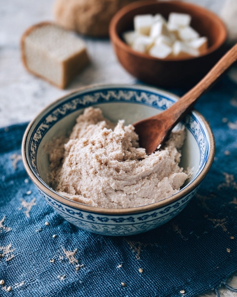 A white bowl with blue patterns around the top edge holds a light beige thick paste with a rough, creamy texture, piled in one layer and slightly mounded in the middle. A wooden spoon with a smooth brown handle rests inside the bowl, partly submerged in the paste. The bowl sits on a dark blue textured cloth with white dotted patterns and a white marbled surface in the background. In the background, there is a small brown bowl holding white cubed pieces and a round piece of bread with a rough crust. photo taken with an iphone --ar 4:5 --v 7