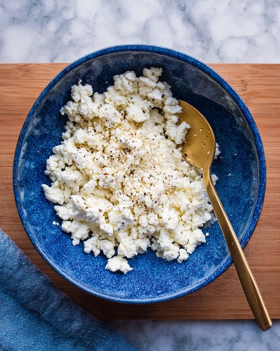 A blue bowl filled with small white crumbled cheese pieces, sprinkled with black pepper, with a gold spoon resting inside on the right side. The bowl is placed on a white marbled surface. photo taken with an iphone --ar 4:5 --v 7