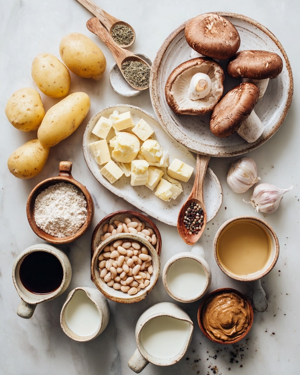 This image shows an overhead view of various cooking ingredients carefully arranged on a white marbled surface. In the center are a few whole mushrooms, their light brown caps with textured white stems facing upwards. Around them are half yellow potatoes, separated garlic cloves, and an onion half. A white plate holds two wooden spoons filled with dried herbs and a small bowl with butter cubes. There is a bowl filled with light beige beans, a smaller bowl of dark brown mushrooms, and two cream-colored bowls holding a light powder and a smooth brown paste. At the bottom, three small ceramic pitchers hold white milk, a dark liquid, and a golden broth. One small wooden spoon with coarse salt and pepper rests nearby. photo taken with an iphone --ar 4:5 --v 7