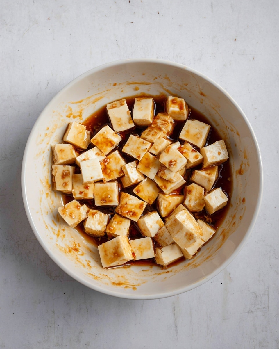 A white bowl sits on a white marbled surface filled with small, cubed pieces of light yellow tofu. The tofu cubes are coated unevenly in a dark brown sauce that pools at the bottom of the bowl. The inside walls of the bowl show smears and drips of sauce, creating a streaky texture. The tofu pieces vary slightly in size and shape but generally form a rough layer covering the bottom of the bowl. photo taken with an iphone --ar 4:5 --v 7