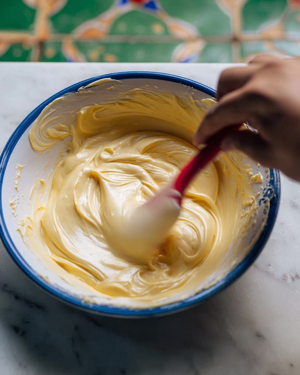 The image shows a close-up of a thick creamy yellow mixture being stirred in a white bowl with a blue inside. The creamy texture looks smooth and swirled with light and darker yellow shades, creating a soft wave pattern. A woman's hand is holding a red spatula that is moving through the mixture, adding motion to the scene. The bowl sits on a white marbled surface with some green tiles in the background, adding a rustic touch. The scene is bright and natural, with the cream in focus and the background softly blurred. photo taken with an iphone --ar 4:5 --v 7