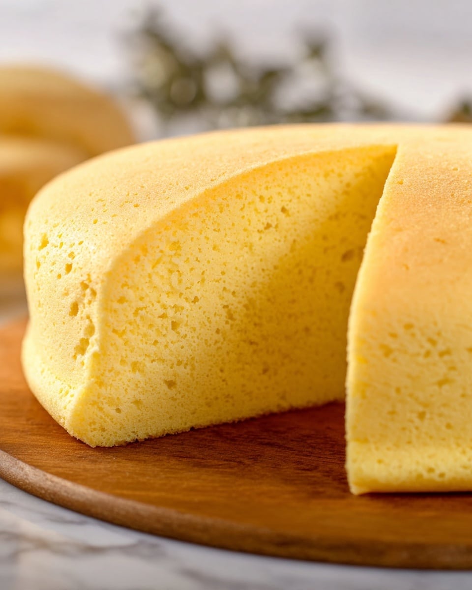 The image shows a close-up view of a soft, fluffy yellow cake with one thick slice removed, revealing its smooth and airy texture inside. The cake has a rounded shape with a lightly spongy surface and small even holes throughout. It sits on a wooden board with a white marbled background softly blurred, giving focus to the cake’s delicate texture and creamy yellow color. Photo taken with an iphone --ar 4:5 --v 7