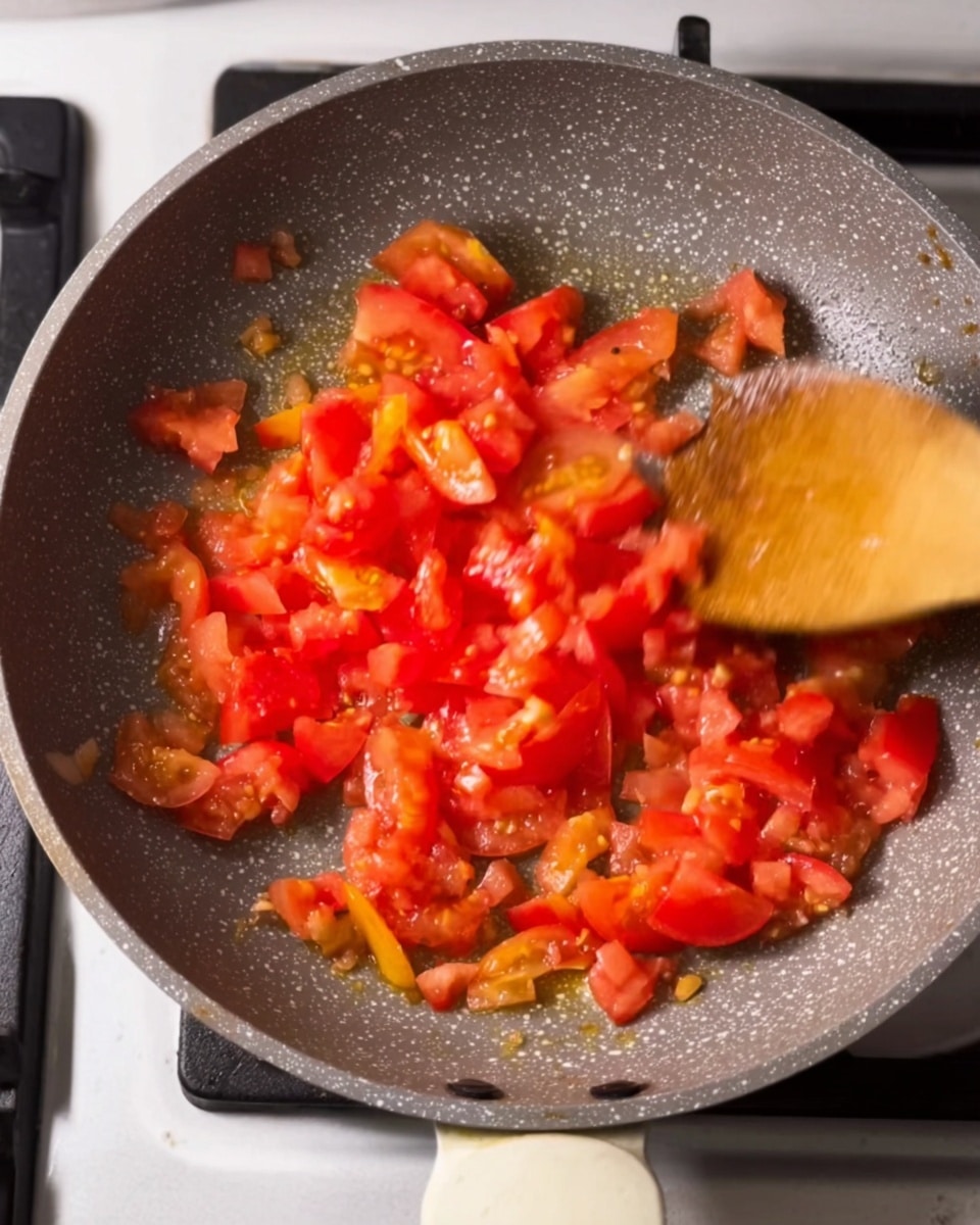 The image shows a gray frying pan with a white handle on a gas stove with a white surface. Inside the pan, there are bright red and yellow tomato pieces being stirred with a wooden spatula. The tomatoes are chopped into small, uneven chunks, cooking in oil or juice, with some translucent bits around the edges. The pan's surface is non-stick and speckled with white spots. The scene is lit well, showing texture in the tomatoes and pan. Photo taken with an iphone --ar 4:5 --v 7