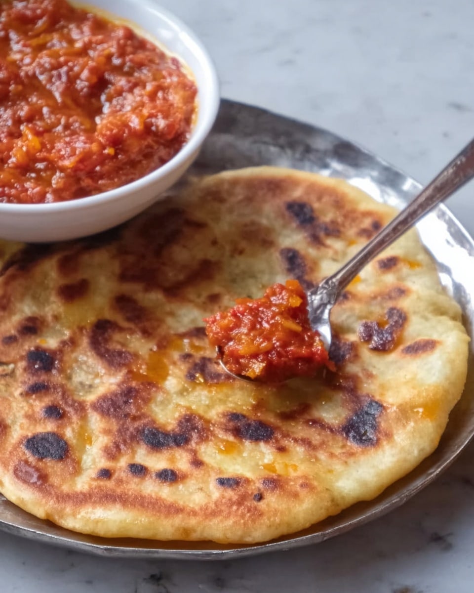 The image shows a close-up of a shiny silver plate with a round piece of flatbread that is golden with darker brown spots on top. A metal spoon holds a small pile of chunky red-orange sauce or chutney, blurred and resting on the flatbread's surface near the plate's edge. Behind the plate, there is a white bowl filled with more of the same red-orange chunky sauce. The background is a white marbled surface. The photo was taken with an iphone --ar 4:5 --v 7