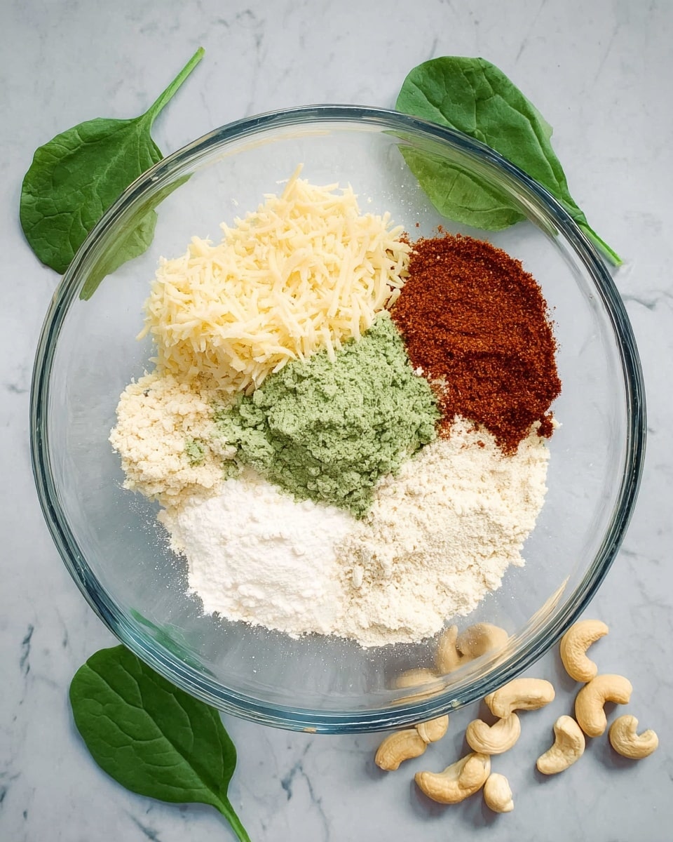 A clear glass bowl sits on a white marbled surface, holding seven distinct ingredients arranged in separate piles. Starting from the top right and moving clockwise, there is a light yellow shredded layer, a bright green paste-like layer, a fine white powdery layer, a reddish-brown powder, a slightly darker tan powder, a beige flour-like layer, and another pile of fine white powder. Around the bowl, a few fresh dark green spinach leaves and some beige cashew nuts are scattered on the white marbled surface. The scene is brightly lit, highlighting the different textures and colors of each ingredient. photo taken with an iphone --ar 4:5 --v 7