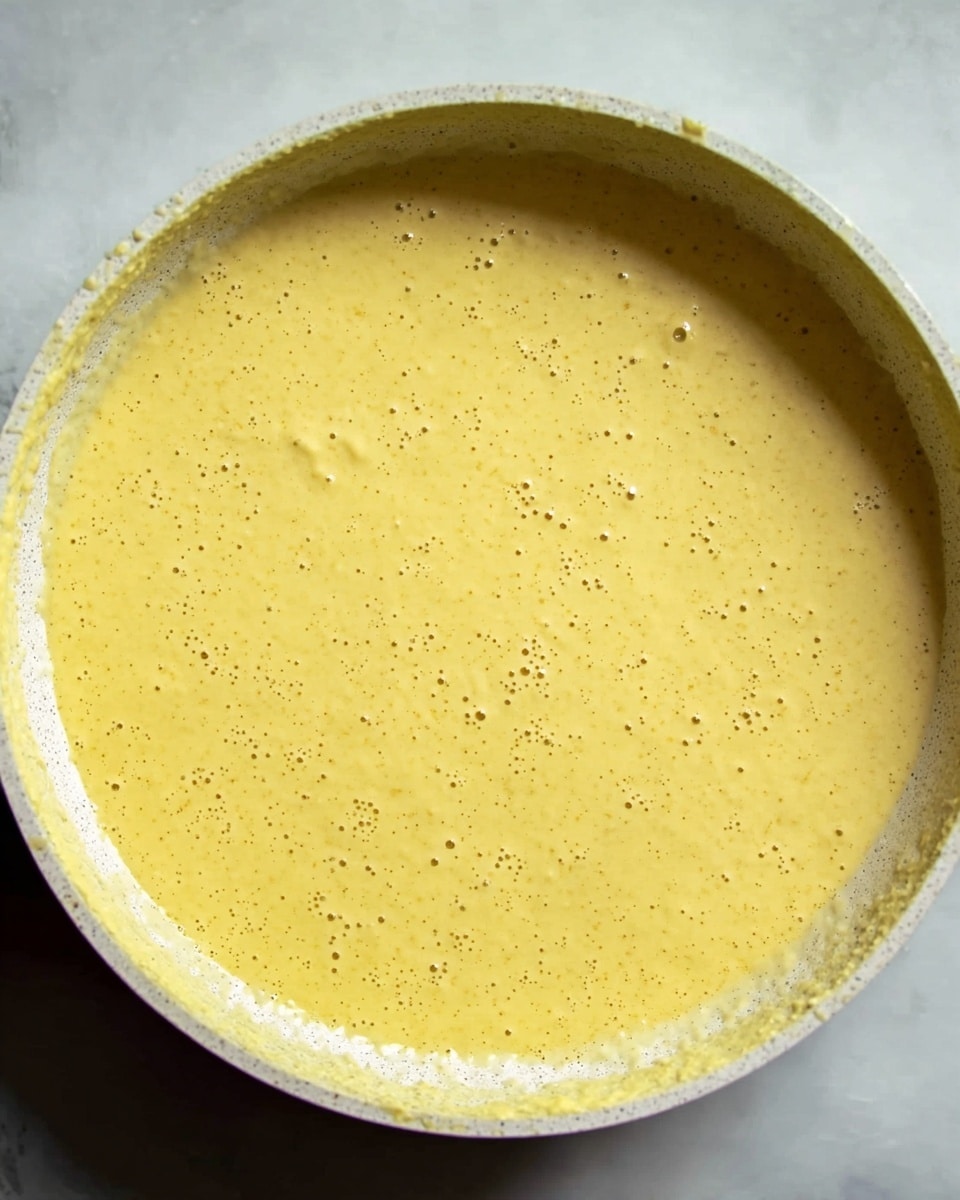 The image shows a close-up of a smooth, yellow batter with small bubbles on its surface inside a white pan. The texture looks creamy and thick, with some darker specks evenly spread throughout. The pan's sides have some batter smudges, and the background is a white marbled surface. This gives a clear view of the batter ready to be cooked. photo taken with an iphone --ar 4:5 --v 7