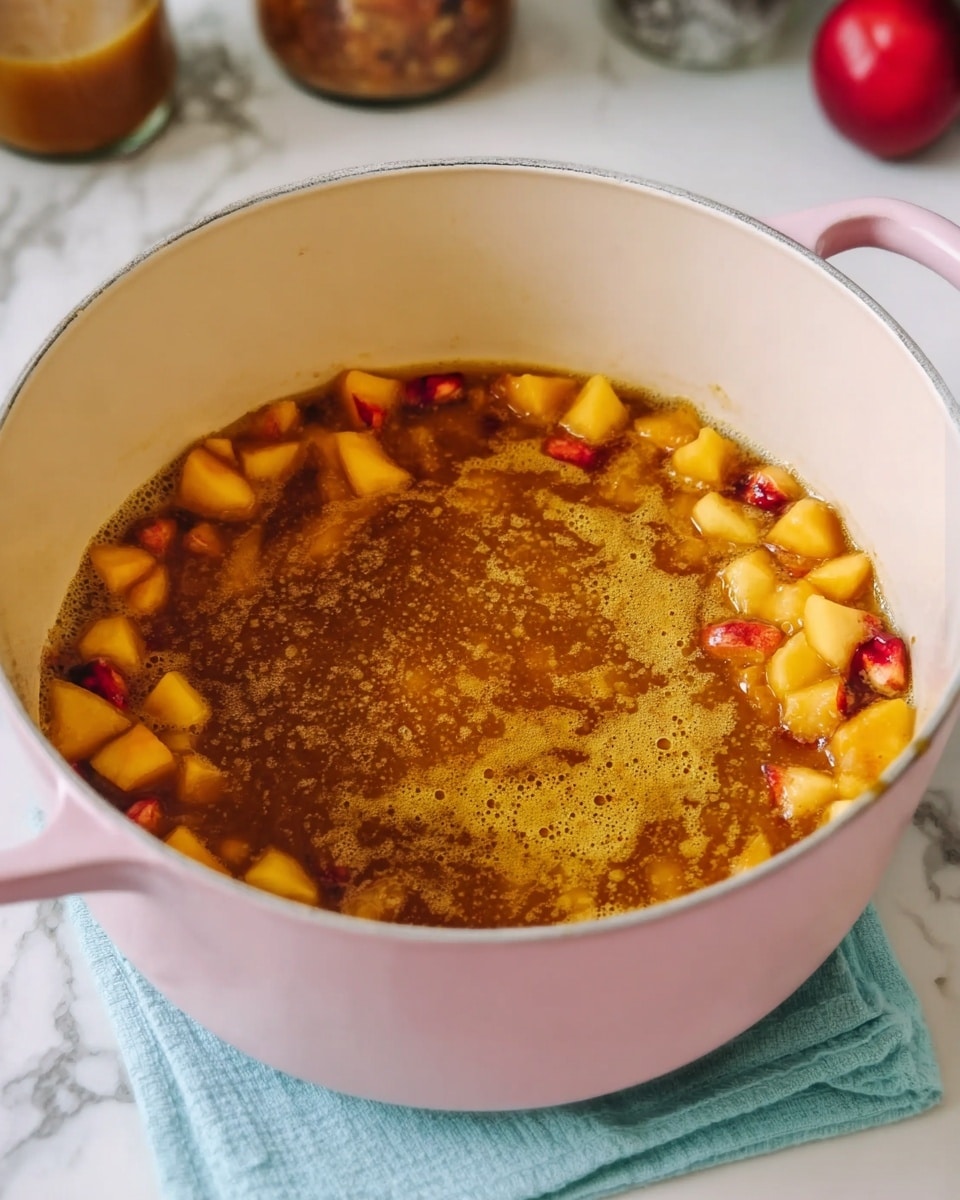 The image shows a pink pot filled with small chopped yellow and red pieces of fruit, mostly around the sides. In the center, there is a thick golden-brown liquid with a frothy texture on top. The pot sits on a white marbled surface with a light blue cloth partially visible under it. There are blurred jars and a red fruit in the background. Photo taken with an iphone --ar 4:5 --v 7