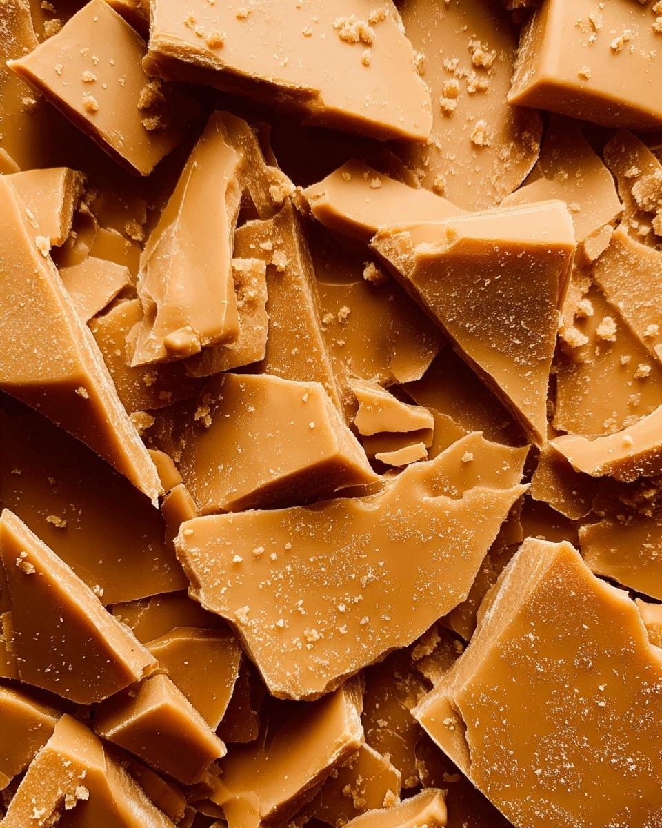 A close-up view of many broken pieces of smooth, light brown toffee, layered closely together with sharp edges and flat surfaces, showing small granules and a matte texture on some parts. The pieces vary in shape and size, with some thinner fragments resting on top of larger chunks. The entire image is filled with these toffee shards, creating a rich, textured pattern. The background is a white marbled texture. photo taken with an iphone --ar 4:5 --v 7