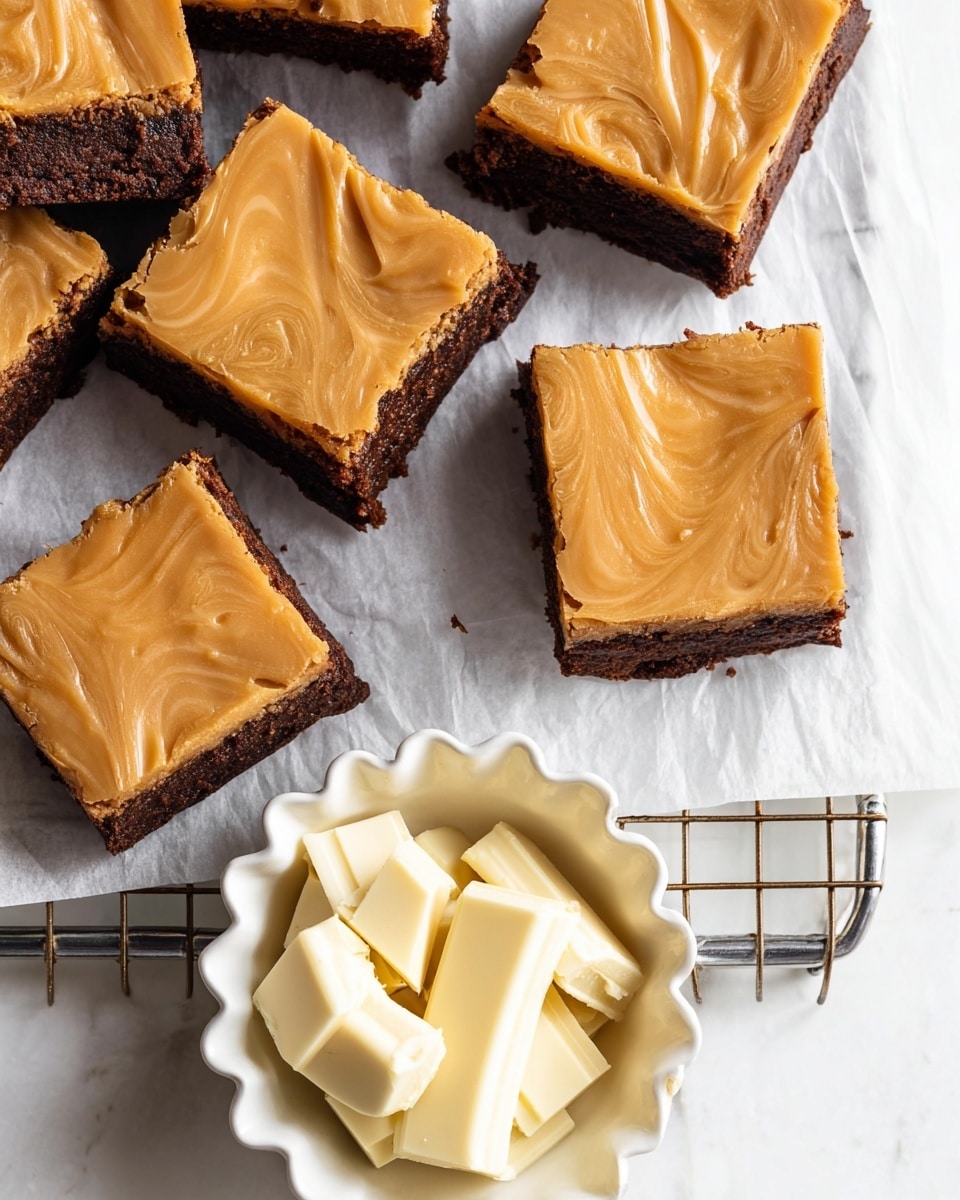 The image shows several square brownies with two layers each: a dark brown bottom layer that looks moist and rich, and a smooth, thick caramel-colored top layer with soft swirl marks. These brownies are arranged on white parchment paper on a metal cooling rack, which is placed on a white marbled surface. Next to the brownies is a small, white scalloped bowl filled with uneven pieces of white chocolate sticks. The photo captures the close-up top view with soft, natural light, highlighting the texture and colors of the brownies and chocolate pieces photo taken with an iphone --ar 4:5 --v 7