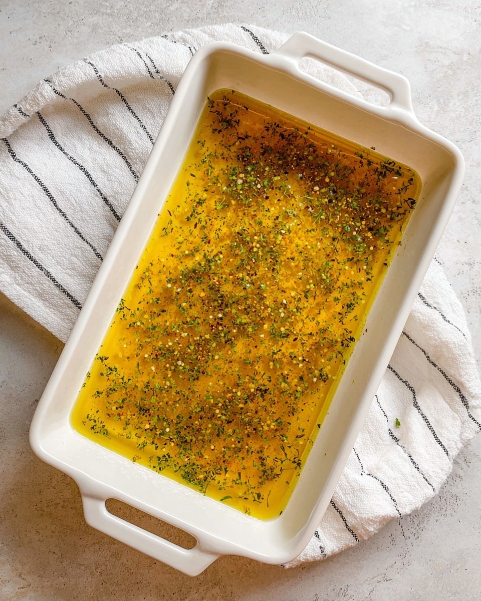 A rectangular white baking dish filled with a single layer of golden-yellow liquid mixed evenly with small green herbs and tiny brown spices scattered throughout, giving a textured appearance. The dish has two handles on short sides and rests on a white marbled surface next to a white towel with black stripes. Photo taken with an iphone --ar 4:5 --v 7