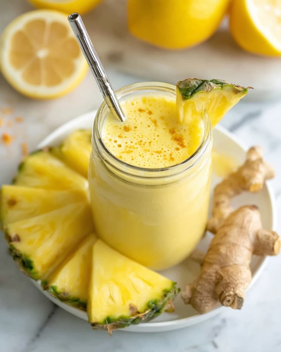 A clear glass jar filled with a frothy yellow smoothie, topped with a metal straw and garnished with a pineapple wedge placed on the rim. Surrounding the jar on a white plate are fresh pineapple slices with a vivid yellow color and green tips. There is a piece of fresh ginger root with a light brown skin on the white marbled surface near the plate, and blurred halves of bright yellow lemons are visible in the background. The overall scene is bright and fresh. photo taken with an iphone --ar 4:5 --v 7