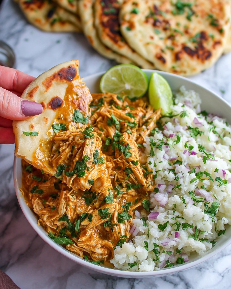 The image shows a white bowl filled with two main layers: on one side, shredded chicken covered in an orange sauce with chopped green herbs and small purple onion pieces sprinkled on top, and on the other side, white cauliflower rice with green herbs scattered over it. A slice of lime is positioned near the back edge of the bowl. In the foreground, a woman's hand is holding a piece of folded naan bread that has darker toasted spots and is topped with some of the saucy shredded chicken. Additional naan pieces are blurred in the background on a white marbled surface. photo taken with an iphone --ar 4:5 --v 7