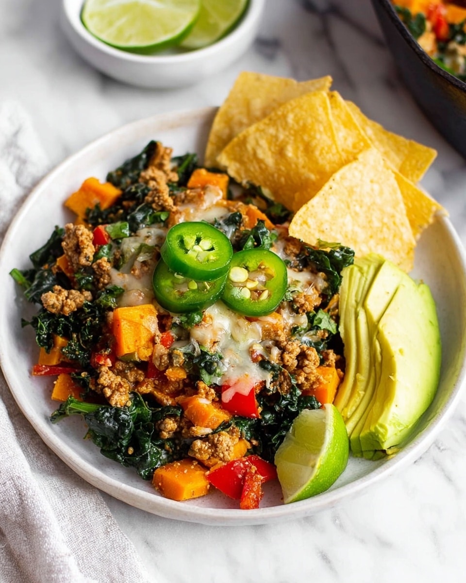 The dish is served in a white plate on a white marbled surface. The base layer is made of small roasted orange sweet potato cubes mixed with cooked deep green kale and bright red bell peppers, creating a colorful vegetable bed. On top, there is a layer of crumbly cooked ground meat, lightly browned. This is sprinkled with melted white cheese, melted unevenly over the meat and vegetables. There are thin slices of fresh green jalapeño pepper placed on top of the meat and cheese layer in the center. To the side, there are several pale yellow tortilla chips stacked neatly, and next to them, a fan of thinly sliced avocado in a bright green gradient. A wedge of lime with light green flesh is placed near the avocado, adding a fresh accent. In the background, part of a white bowl with lime wedges is visible. Photo taken with an iphone --ar 4:5 --v 7