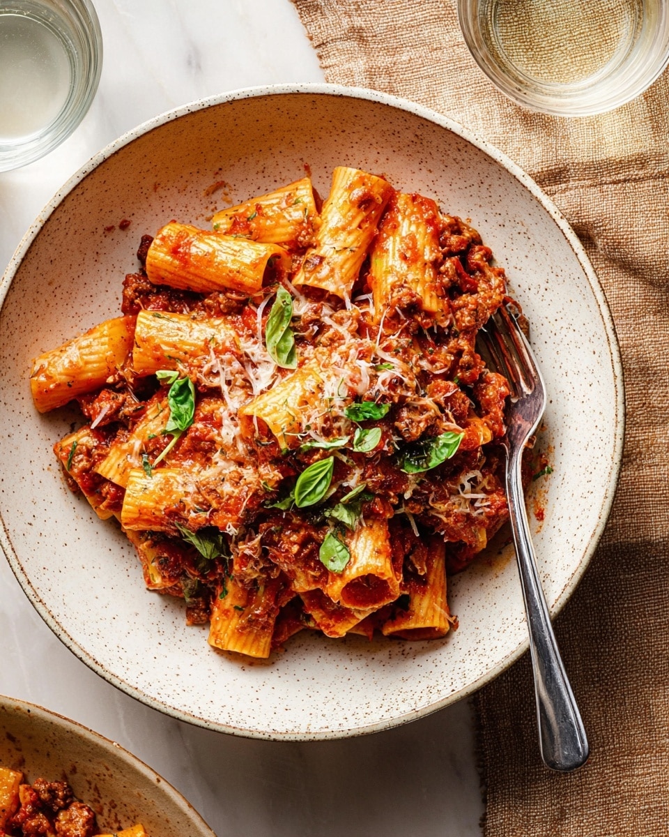 A white speckled bowl filled with rigatoni pasta covered in chunky red tomato meat sauce, mixed with small pieces of browned meat. The pasta layers have a shiny, rich texture with bits of melted cheese inside and on top. Fresh chopped green basil leaves are sprinkled over the pasta for a pop of color. A metal fork sits partially inside the bowl near the edge. The bowl is placed on a light brown fabric next to a white marbled surface. There is also a glass of water nearby on the white marbled surface. photo taken with an iphone --ar 4:5 --v 7