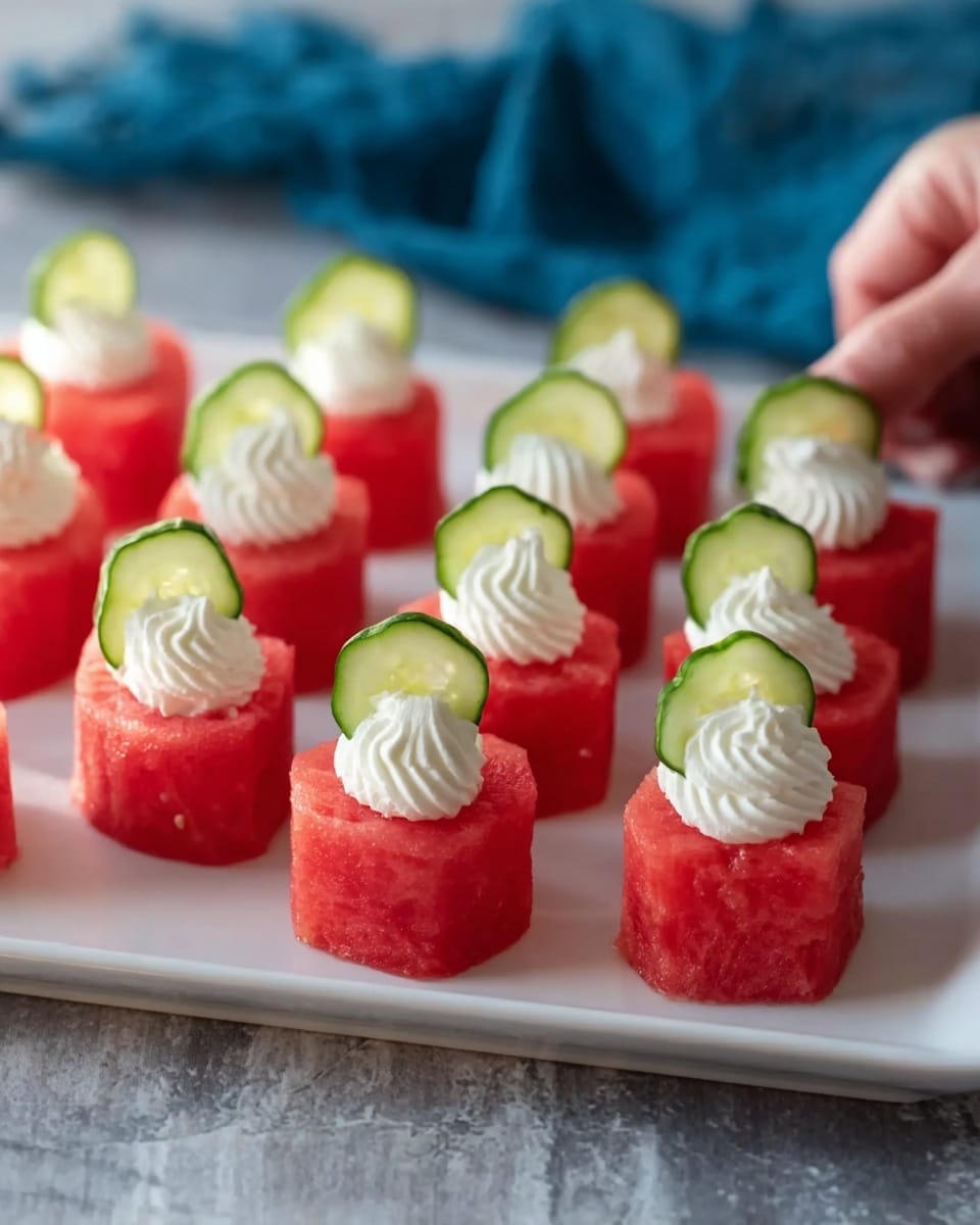 This image shows a white rectangular plate on a white marbled surface, filled with small round pieces of bright red watermelon. Each watermelon piece has a white dollop of cream or soft cheese on top, shaped like a swirl with textured ridges. A small green cucumber slice is placed upright on each dollop, giving a pop of contrasting color. The watermelon pieces are neatly arranged in rows, with three rows visible and five pieces per row. A woman’s hand is reaching toward the plate from the top right corner. In the background, there is a soft-focus blue cloth. photo taken with an iphone --ar 4:5 --v 7