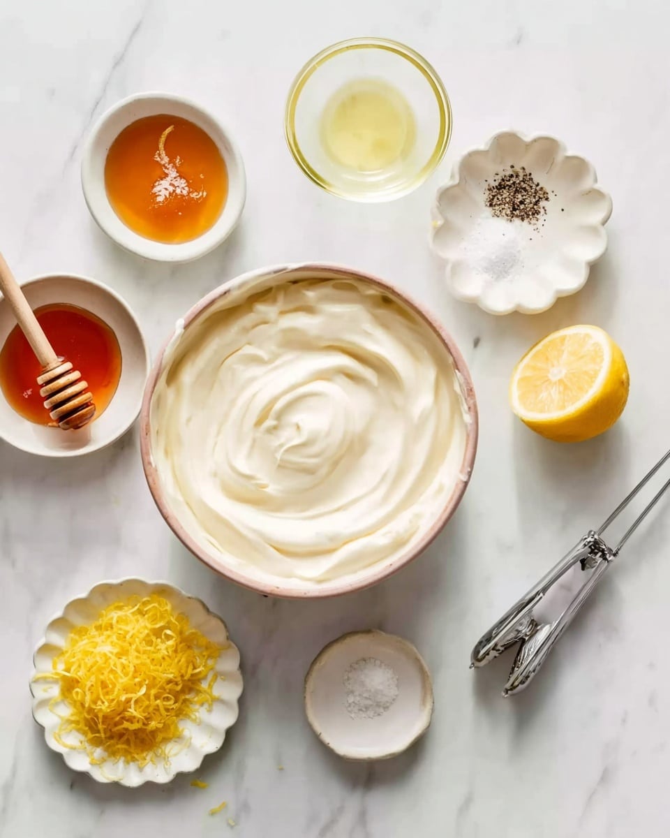 The image shows a white bowl filled with thick, creamy white yogurt with soft swirls on top, placed on a white marbled surface. Around the bowl are six small dishes and items arranged neatly: a small white bowl with amber-colored honey and a wooden honey dipper resting inside, a clear glass dish with a pale yellow liquid, a white scalloped dish holding two small piles of salt and black pepper side by side, a small white bowl with bright yellow lemon zest, a halved lemon next to a metallic lemon squeezer, and a small white bowl holding a yellowish oil. The scene is bright and clean, with the white marbled background adding subtle texture. photo taken with an iphone --ar 4:5 --v 7
