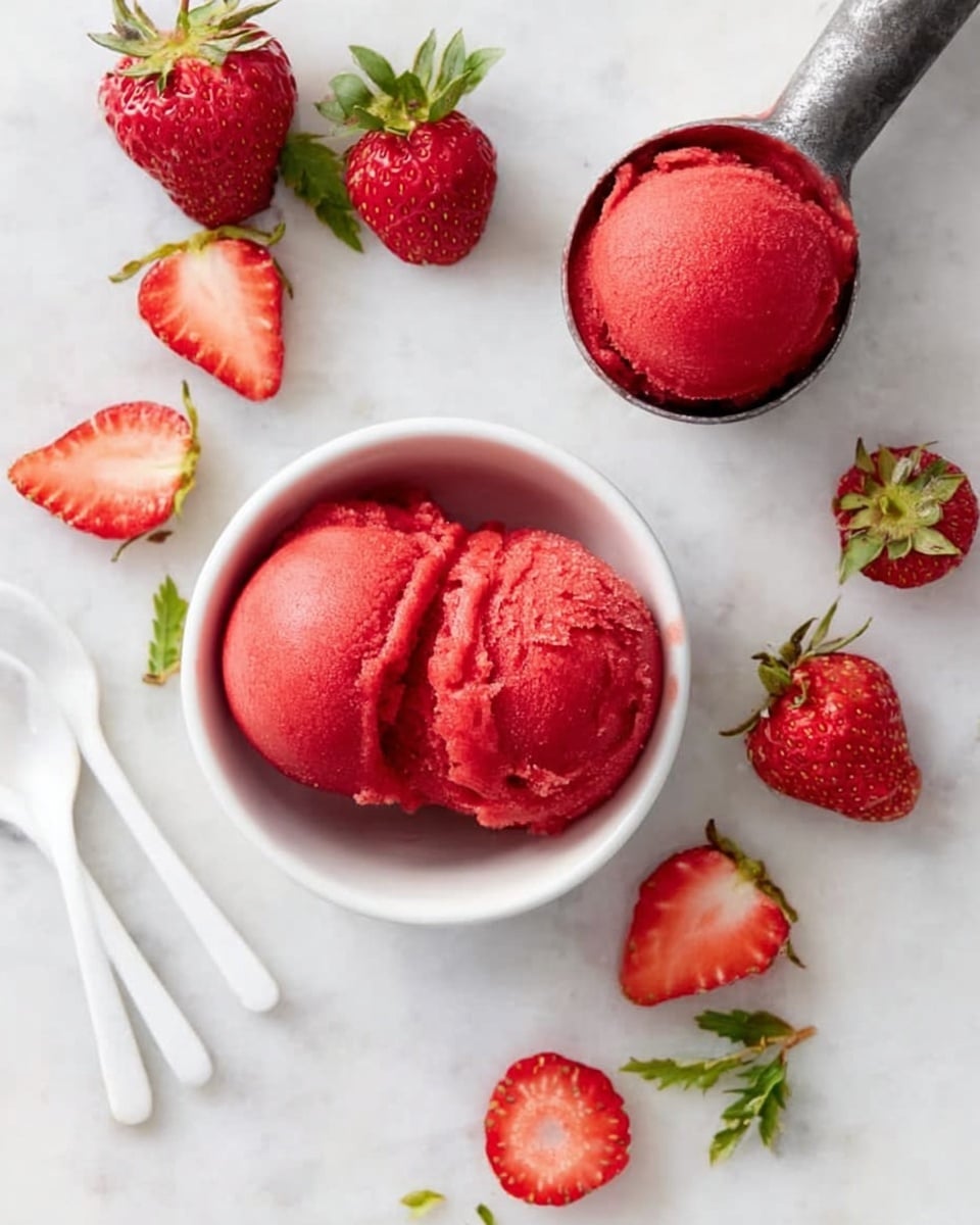 The image shows two scoops of bright red strawberry sorbet, one in a white small bowl at the center and one in a metal ice cream scooper near the top right. Around them, fresh whole strawberries and halved strawberries with green leaves are scattered on a white marbled surface. Two small white spoons lay side by side near the bottom left of the image. The texture of the sorbet looks smooth and creamy, and the scene is well lit with natural light. Photo taken with an iphone --ar 4:5 --v 7