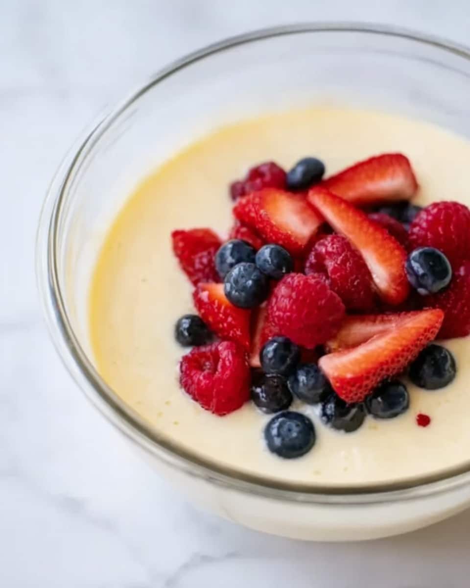 A clear glass bowl filled with a creamy light yellow mixture forms the base layer, smooth and thick. On top, there is a pile of fresh berries including bright red strawberries sliced thinly, small deep red raspberries, and round dark blue blueberries, all clustered in the center. The white marbled surface beneath the bowl adds a clean and bright background. The lighting highlights the glossy texture of the berries and the creamy base. Photo taken with an iphone --ar 4:5 --v 7