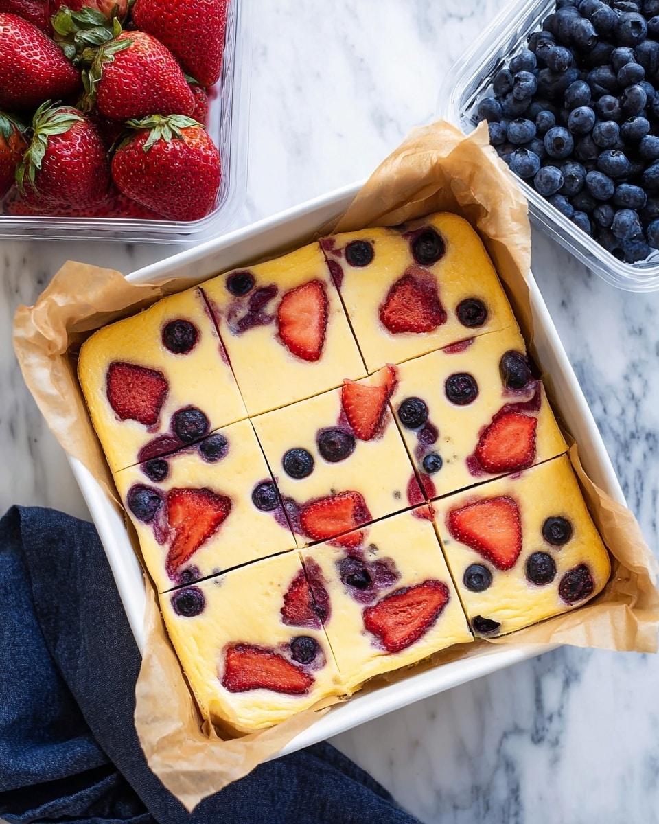 A square baked custard dessert with a smooth, creamy yellow top dotted with red strawberry slices and dark blue blueberries, each berry slightly sunken into the custard layer. The dessert is in a white baking pan lined with light brown parchment paper, visible on the sides. It is cut into nine equal square pieces with clean, straight lines. The pan sits on a white marbled surface next to a clear plastic container of fresh red strawberries and another container filled with fresh dark blue blueberries. There is a dark blue cloth beneath part of the pan. Photo taken with an iphone --ar 4:5 --v 7
