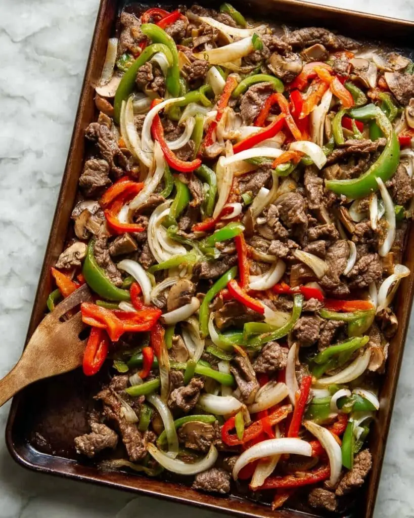 Sheet Pan Philly Cheesesteak with Cheese Sauce Recipe