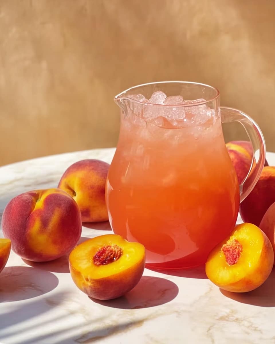 A clear glass pitcher filled with a pinkish-orange drink and ice cubes is placed on a white marbled surface. Around the pitcher, there are whole peaches and some peach halves, showing their yellow and orange flesh with a hint of red near the pit. The peaches have a soft, fuzzy texture and the lighting creates clear shadows on the surface. The background is a soft, warm beige color. photo taken with an iphone --ar 4:5 --v 7