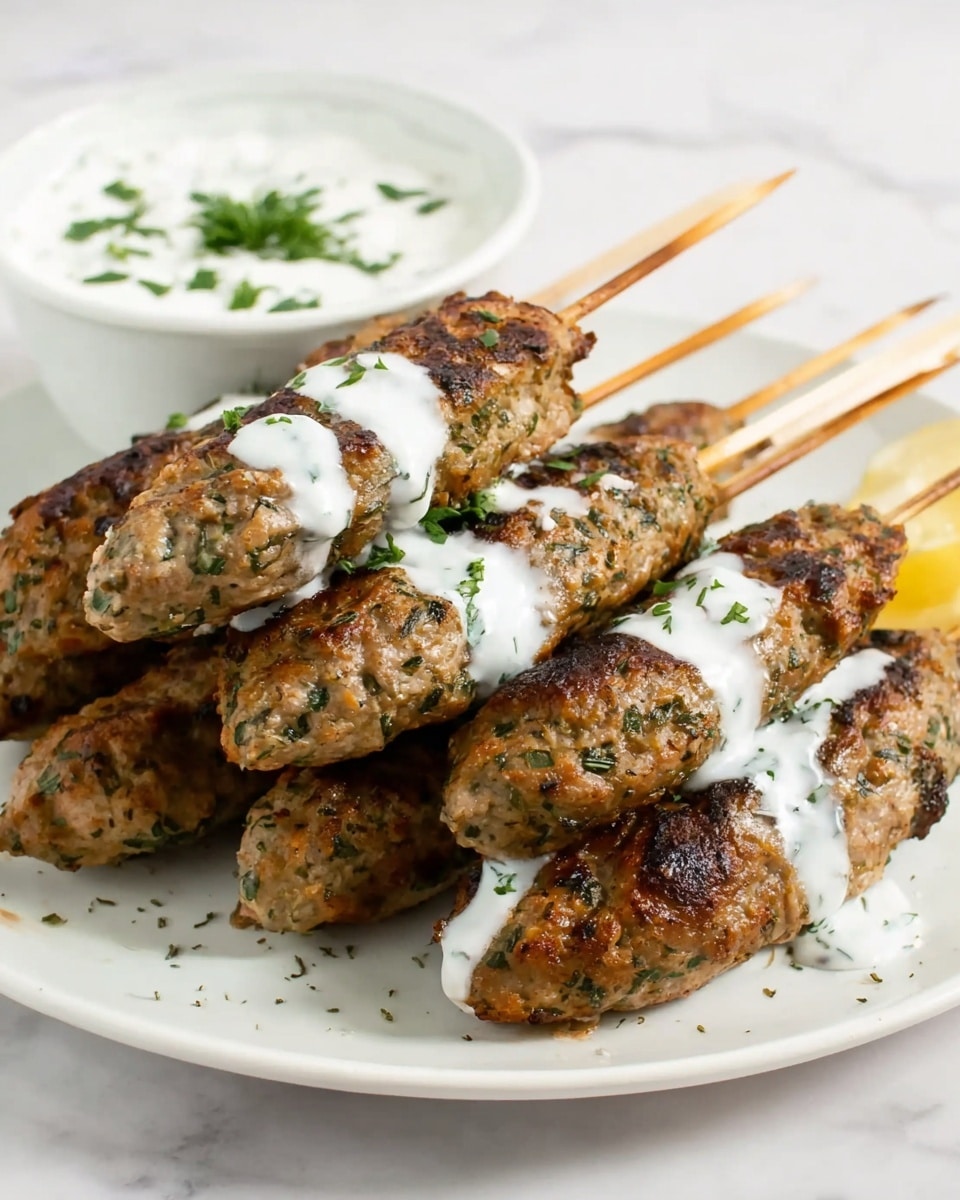 The image shows a white plate with seven skewers of cooked meat kebabs, each skewer layered with a brown and green speckled texture from herbs. The kebabs are shaped oval and stacked in two rows, with four kebabs on the bottom and three on top. Light white creamy sauce is drizzled unevenly over the kebabs. Behind the plate, there is a small white bowl of white sauce with green herb pieces on top, sitting on a white marbled surface. Photo taken with an iphone --ar 4:5 --v 7