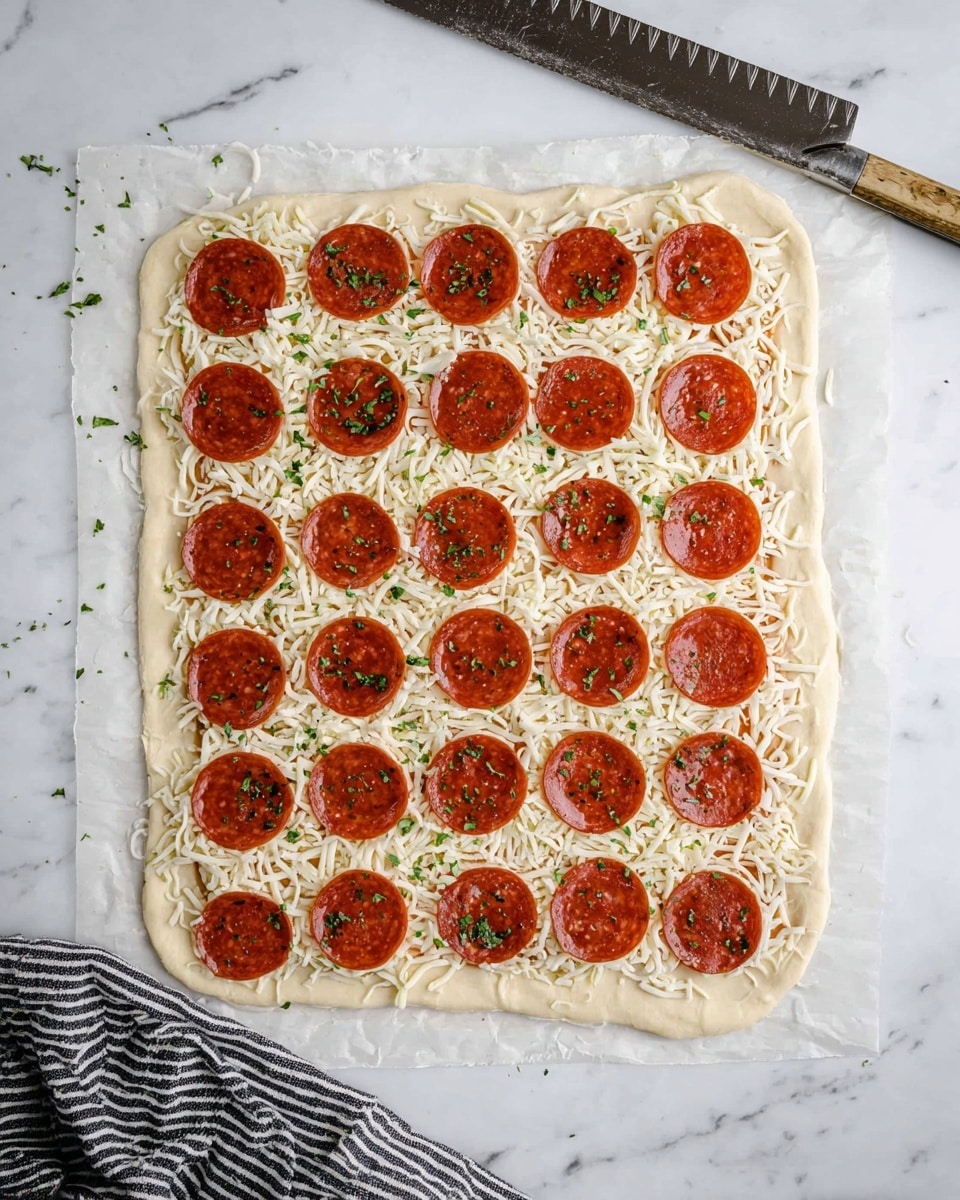 A rectangular pizza dough spread out on white parchment paper on a white marbled surface, with a layer of shredded white cheese covering the dough evenly, topped with scattered green herbs, and neatly arranged round pepperoni slices in five rows across the entire pizza dough. A serrated knife lies near the top right corner of the dough, and a black and white striped cloth is partially visible at the bottom left of the scene. Photo taken with an iphone --ar 4:5 --v 7