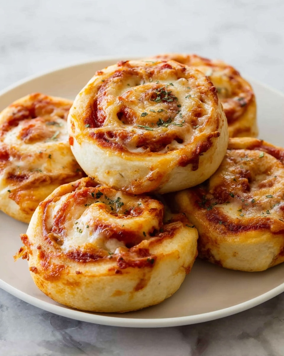 A white plate holds five round pizza rolls stacked closely. Each roll has a spiral shape with three layers visible: the outer dough is light golden with slightly browned edges, the middle layer is a rich tomato sauce showing bright red color, and the inner layer is melted cheese with a creamy yellow tone and some spots browned from baking. Small bits of herbs are sprinkled on top of the cheese, adding tiny green flecks. The plate sits on a surface with a white marbled texture. photo taken with an iphone --ar 4:5 --v 7