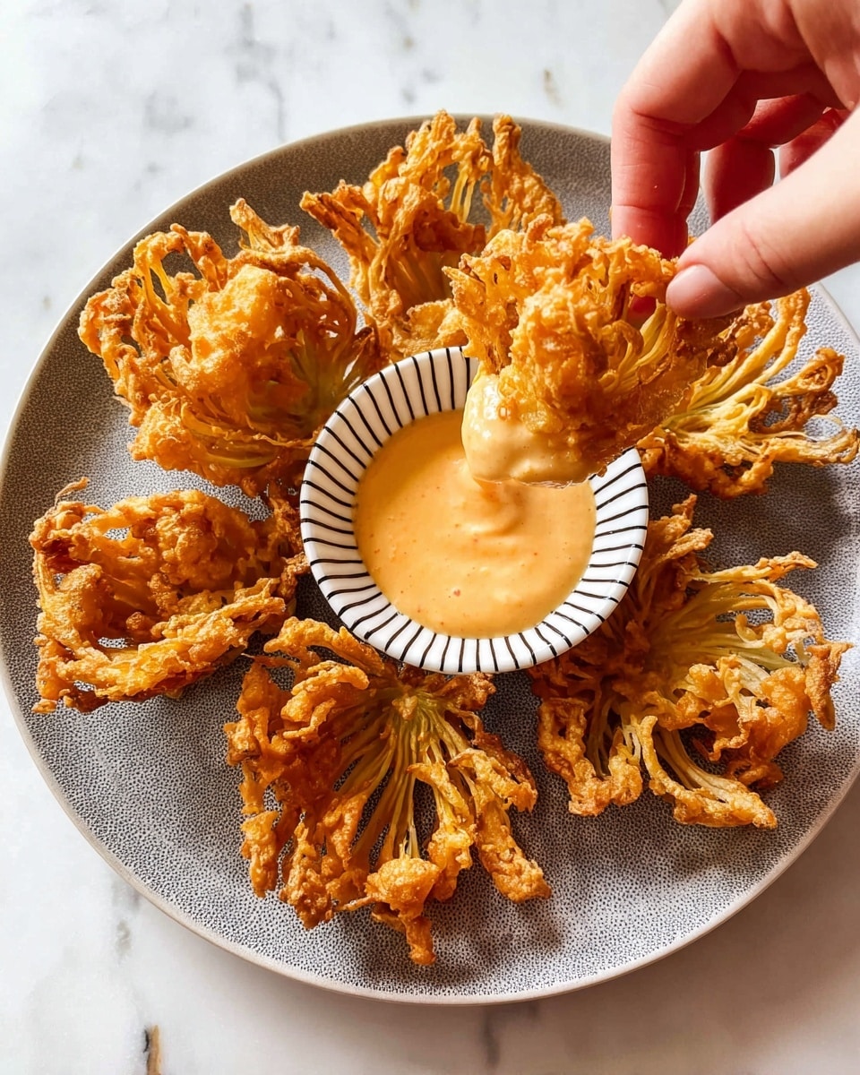 A gray speckled white plate holds a circle of seven golden-brown fried mushroom clusters arranged like flower petals, each piece showing a lacy, crispy texture with thin, long stems and bumpy tops. In the center, a small white bowl with black vertical stripes is filled with a smooth, creamy light orange dipping sauce. A woman's hand is dipping one of the mushroom clusters into the sauce. The plate sits on a white marbled surface. photo taken with an iphone --ar 4:5 --v 7